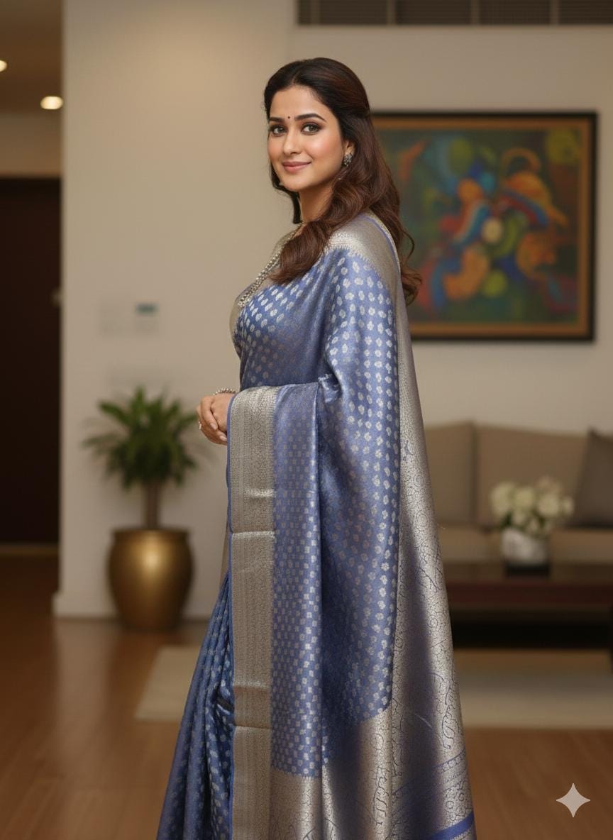 Beautiful party wear cocktail pure silk  banarasi crush tissue  saree paired up with pretty designer Blouse fits 32-46