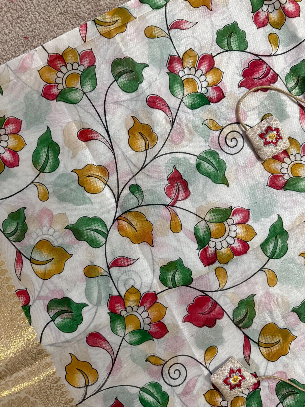 Beautiful soft cream color mango silk saeee with kalamkari saree along with embroided blouse ready to wear