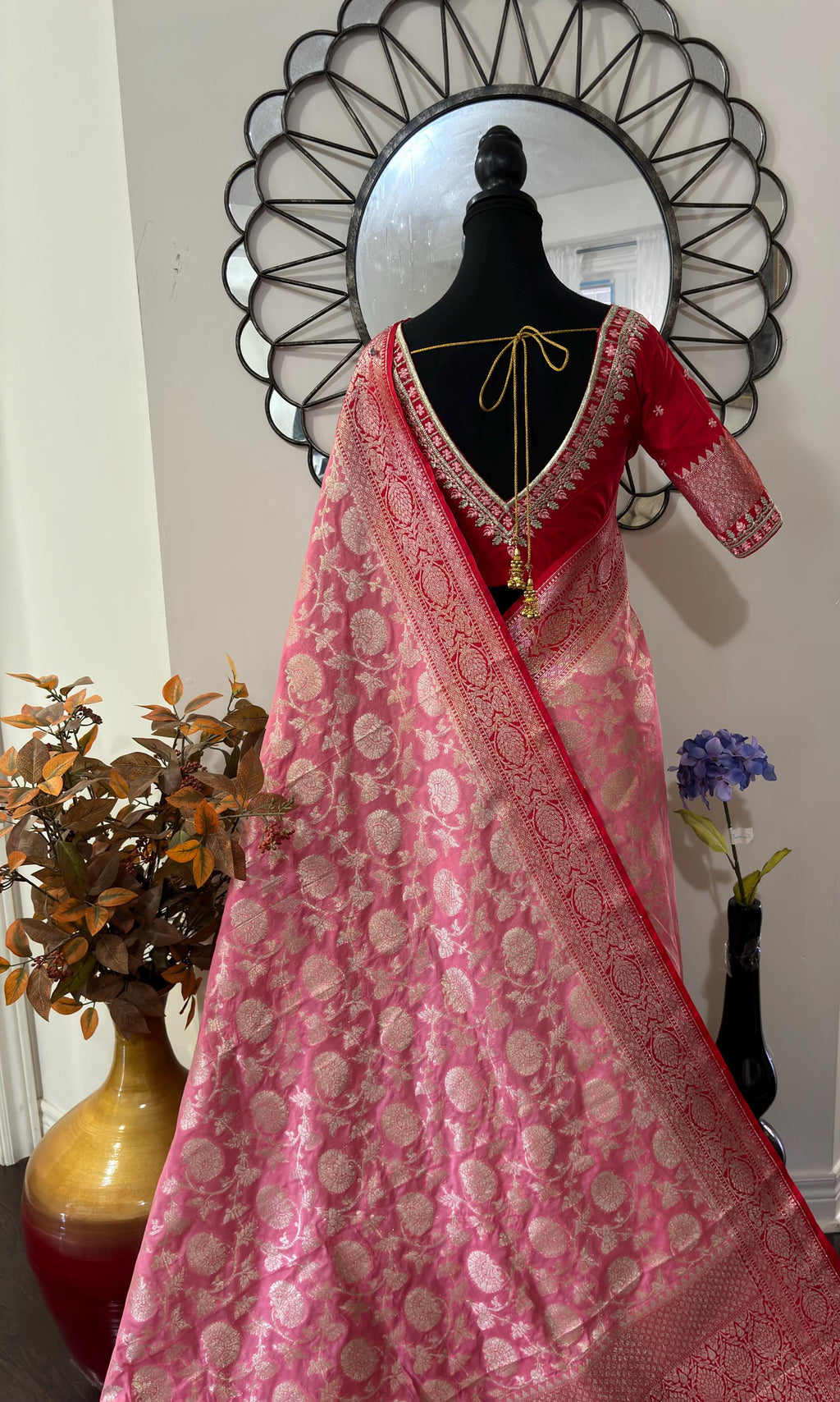 Beautiful banarasi silk saree paired up with beautiful embroidery blouse fits to 32 to 46 in beautiful rare colors all over jaal. Cocktails