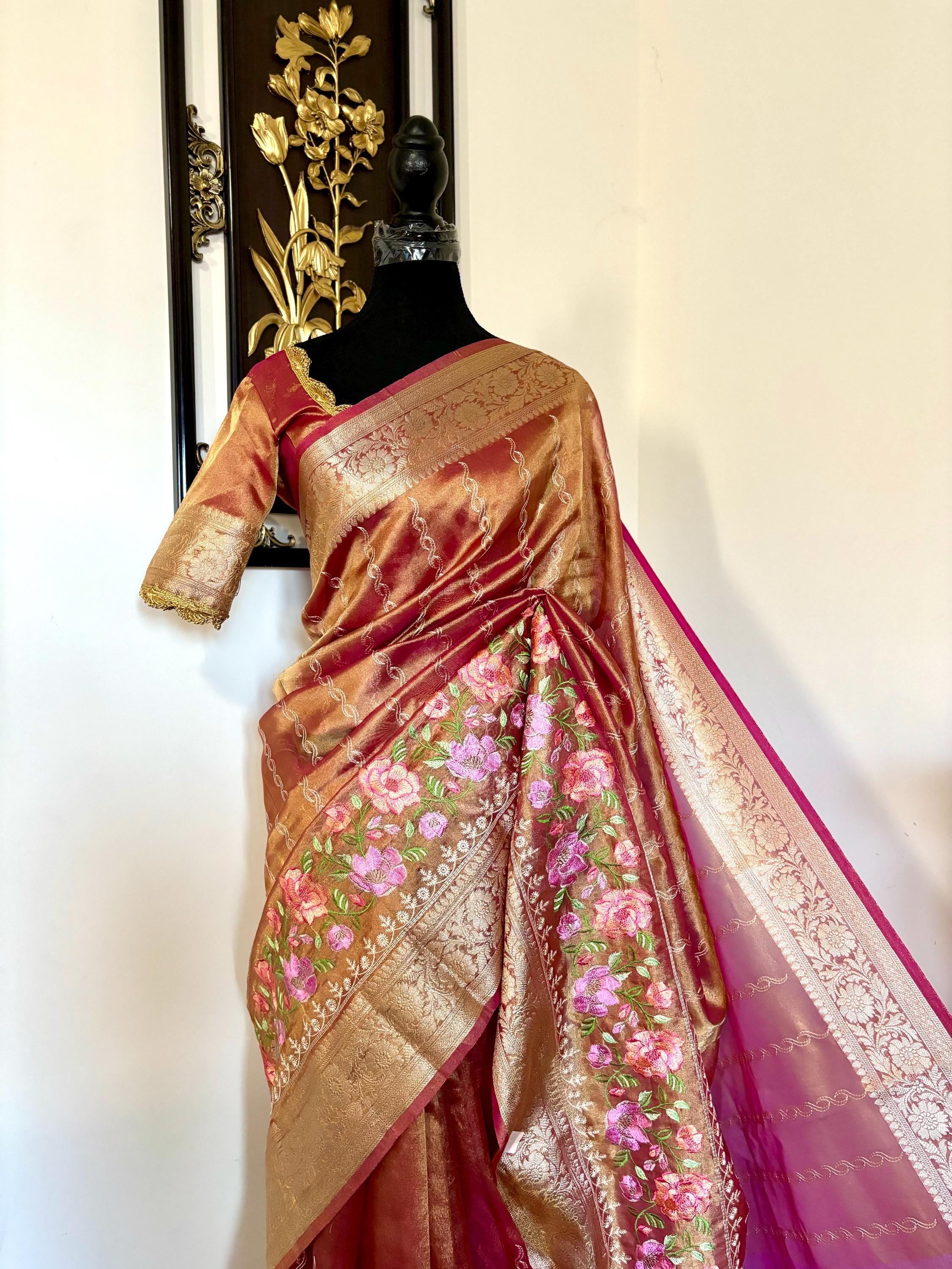 Banarasi  tissue saree with self weaving with beautifully embroidered boarder all over the saree Rose Gold  shade rich weaving ready Blouse