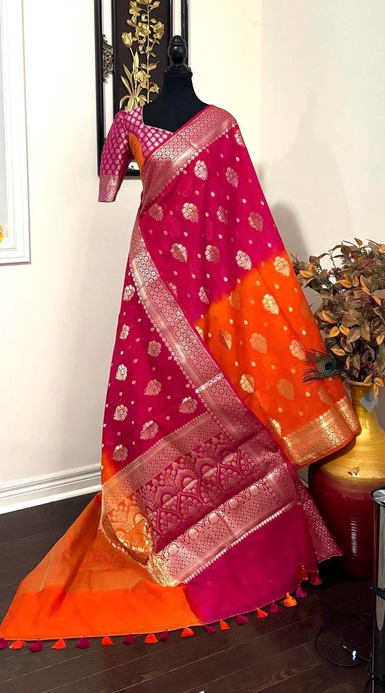 Beautiful Banarasi Dual shade  handloom khadi georgette silk saree all over beautiful water zari weaving work all over  32-46 Ready Blouse