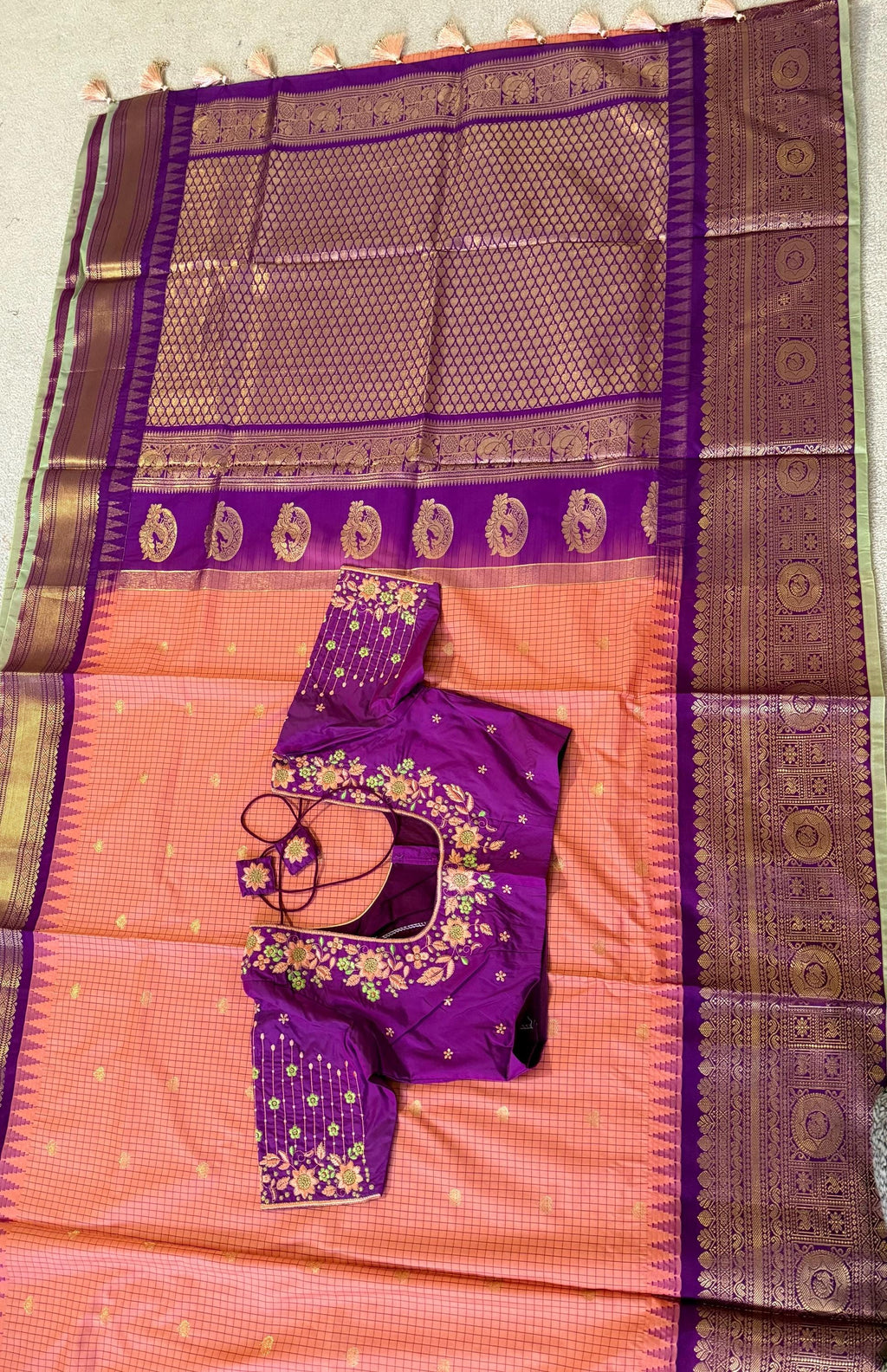 Gadwal Handloom pure silk sarees in rare colors and ready to wear blouse with embroidered blouse fits up to 32 -46 saree is ready fall pico