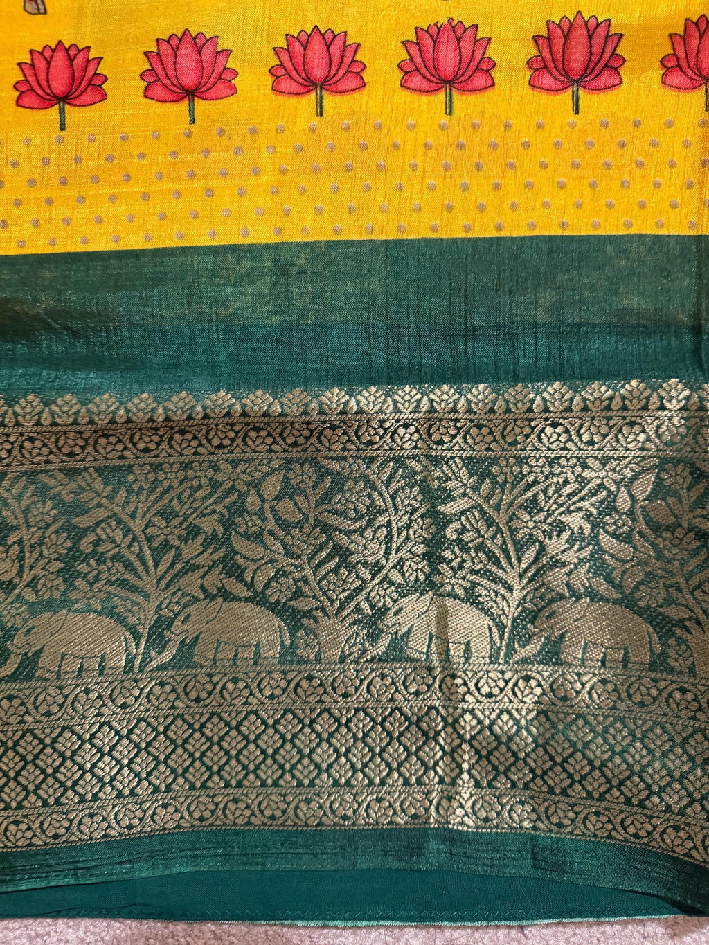 Beautiful Pichwai Kalamkari Prints soft silk saree with Kanchi boarder lotus and cow  prints Saree is ready with blouse and fall and pico
