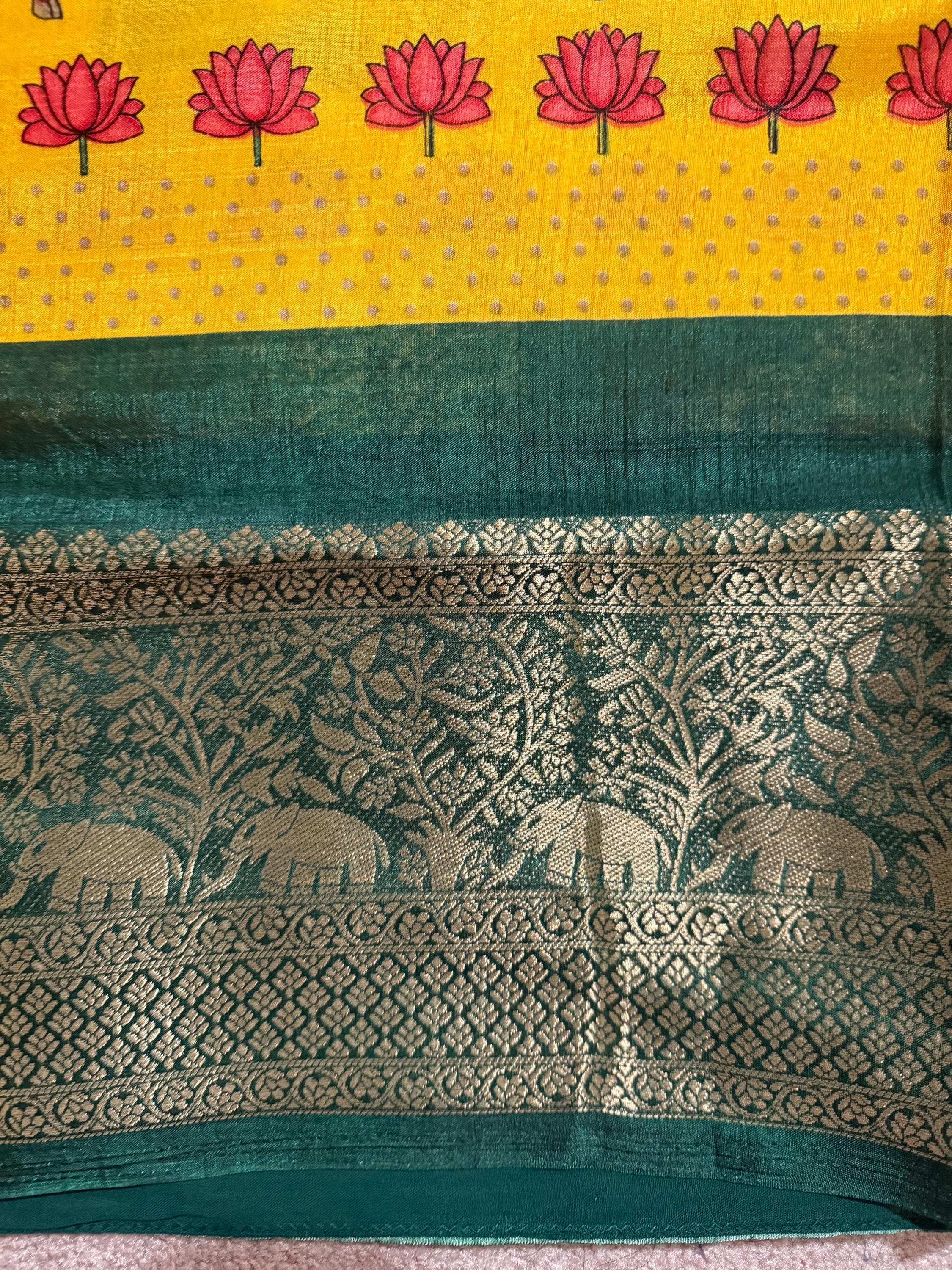 Beautiful Pichwai Kalamkari Prints soft silk saree with Kanchi boarder lotus and cow  prints Saree is ready with blouse and fall and pico