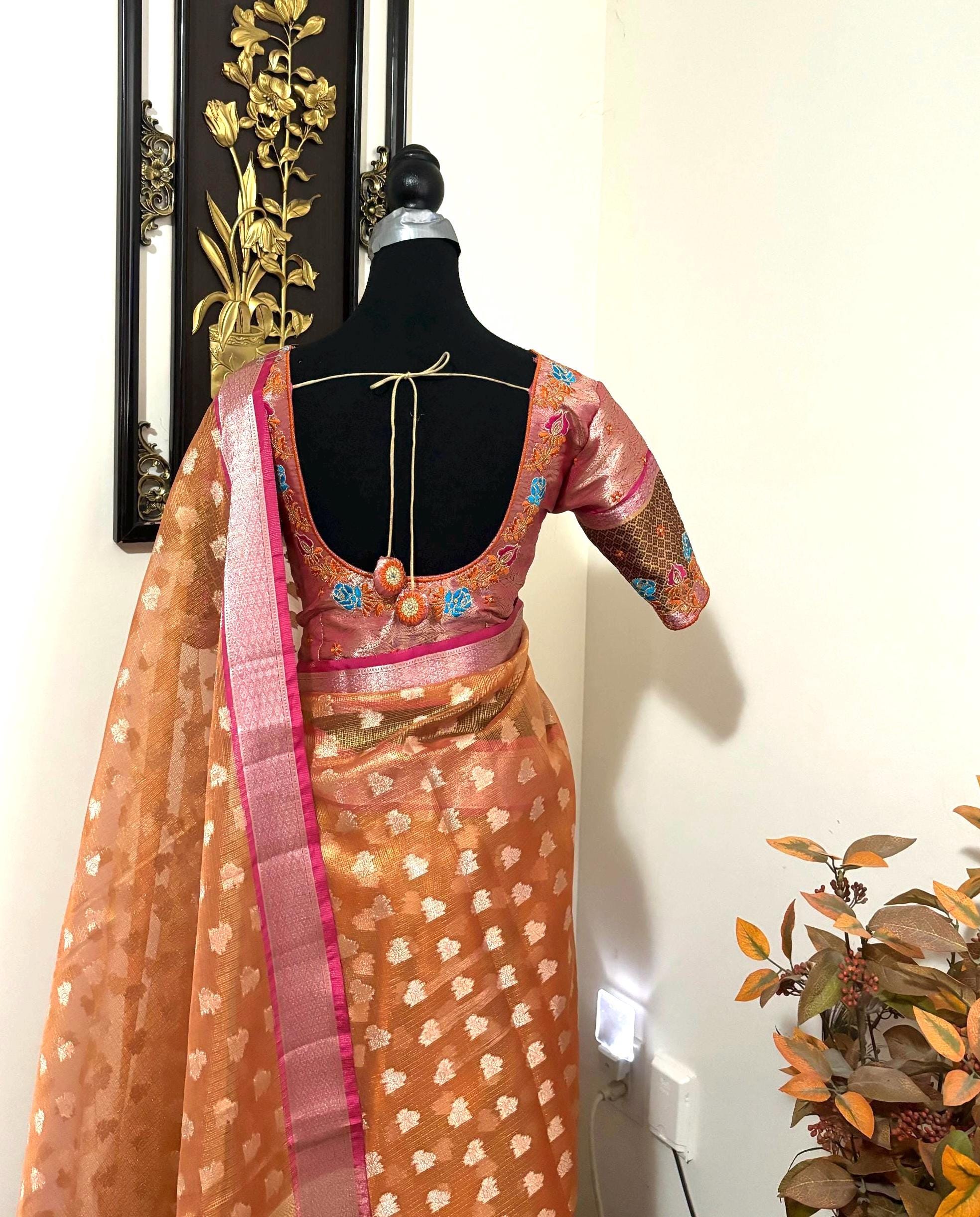Beautiful Tissue Zari Kota saree with pythani  Zari boardes and beautifully done blouse paired up with pretty blouse fits up to 32 to 46