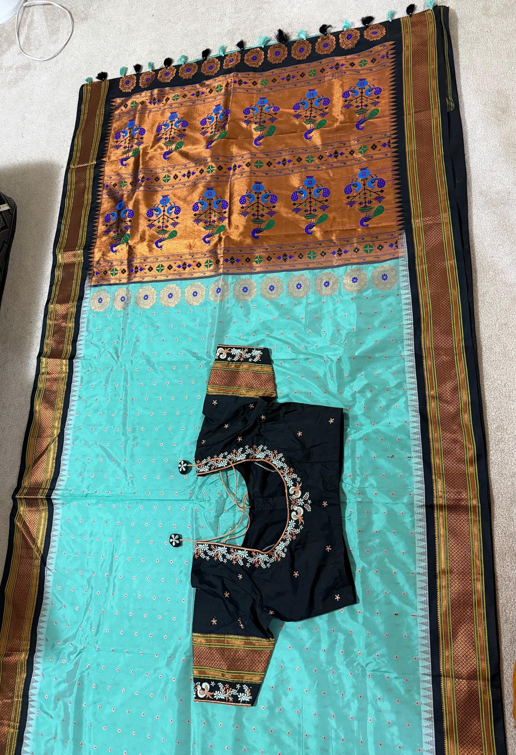 Gadwal Handloom pure silk sarees in rare colors and ready to wear blouse with embroidered blouse fits up to 32 -46 saree is ready fall pico