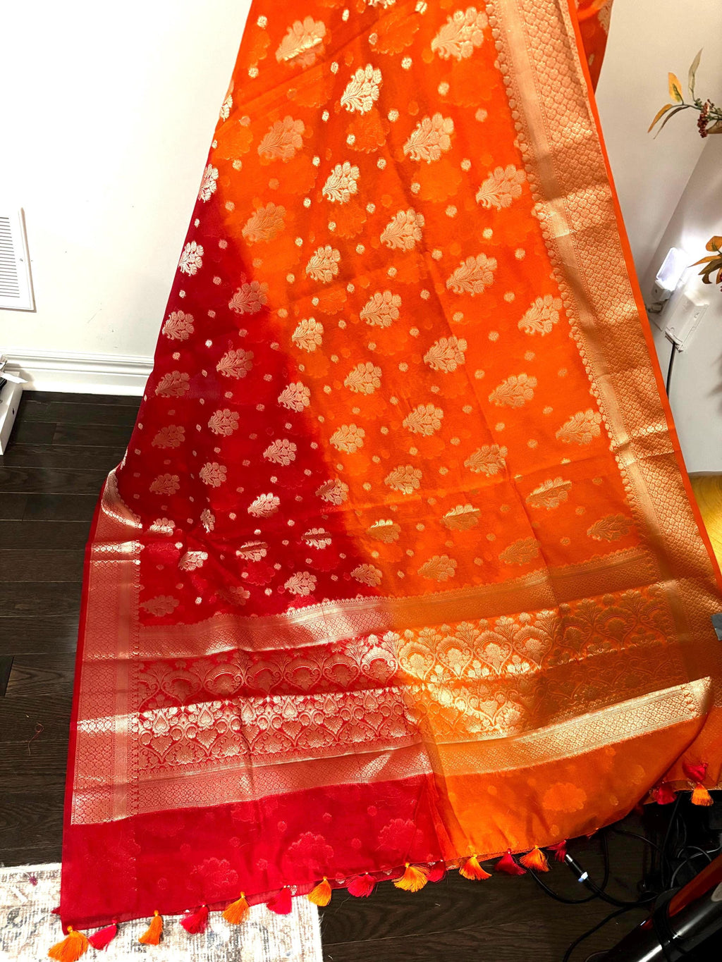 Banarasi dual shade handloom khadi georgette silk saree all over beautiful waterzariweavingbeautifulcombinations,orange and red readyblouse