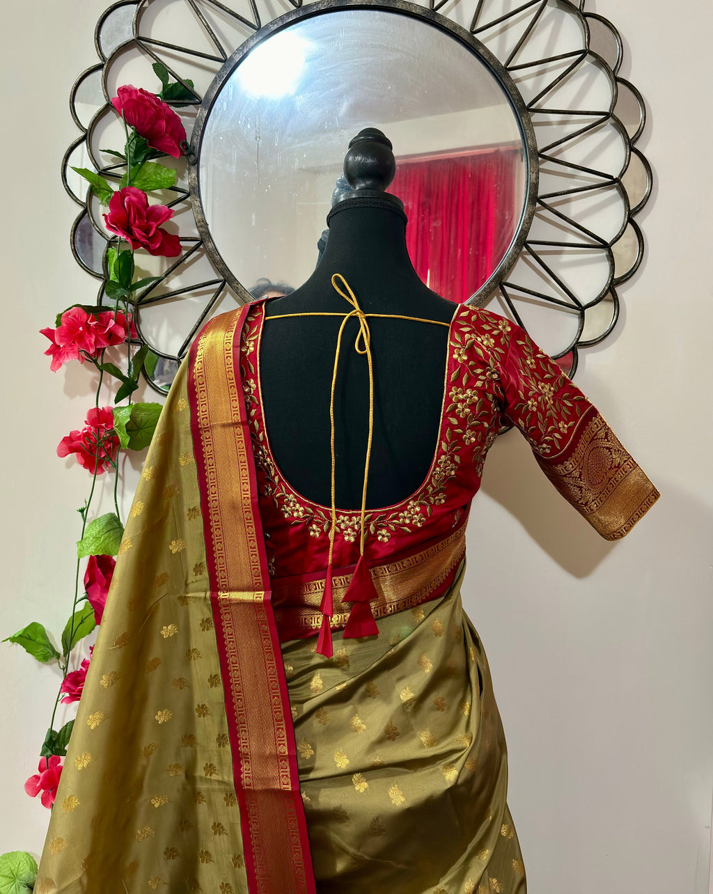 Kanchipuram soft silk saree in rarecolors with beautifully done hand  made embroidered blouse with readytowear work blouse fitsup to32 to 46