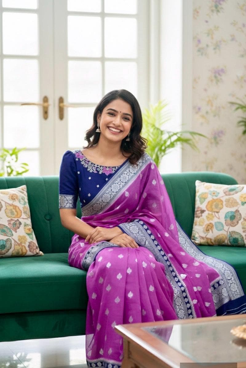 Beautiful banarasi kattan saree paired up with pretty maggam work blouse.