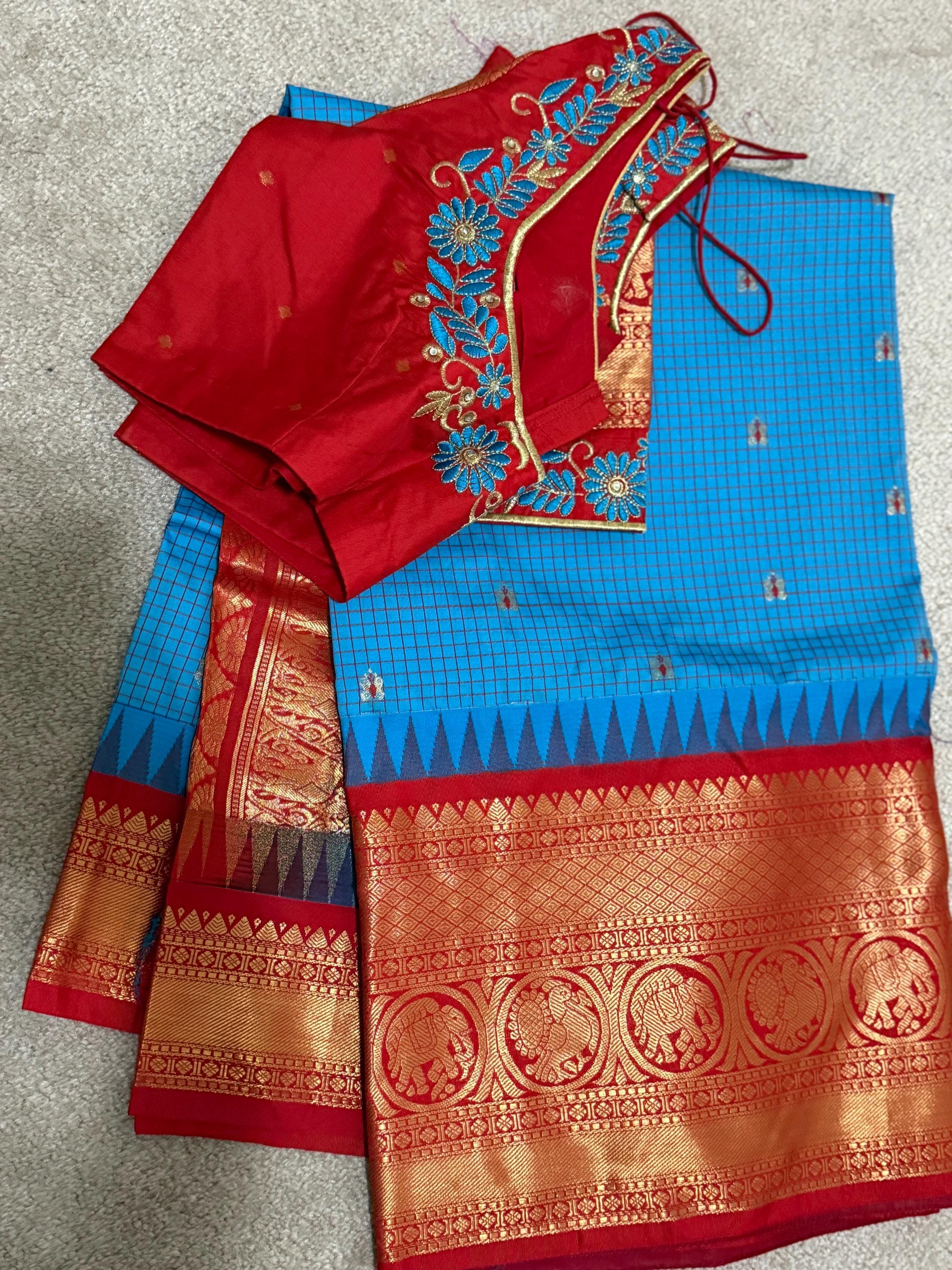 Gadwal Handloom pure silk sarees in rare colors and ready to wear blouse with embroidered blouse fits up to 32 -46 saree is ready fall pico