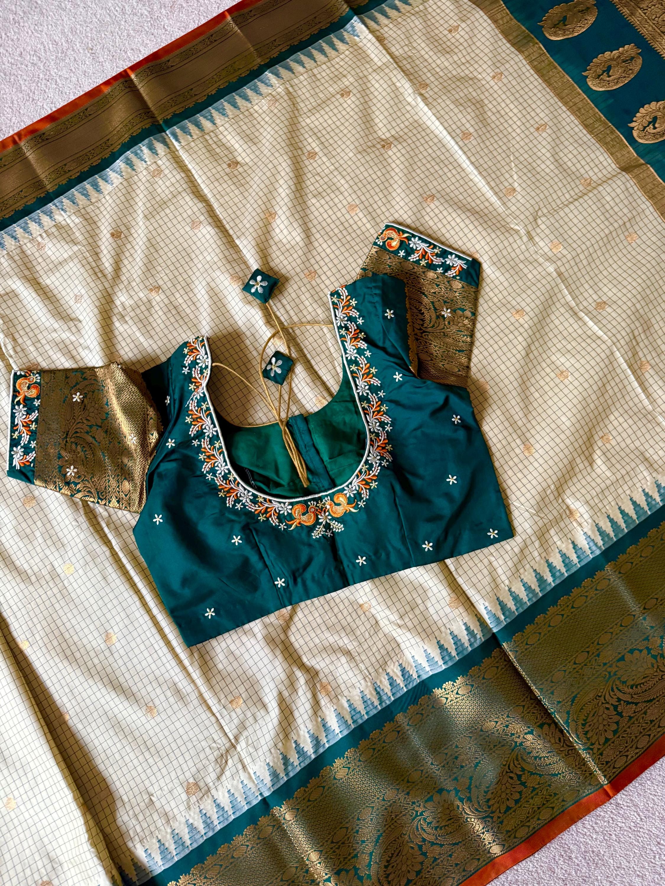 Gadwal Handloom pure silk sarees in rare colors and ready to wear blouse with embroidered blouse fits up to 32 -46 saree is ready fall pico