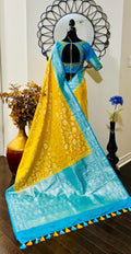 Beautiful banarasi silk saree paired up with beautiful embroidery blouse fits to 32 to 46 in beautiful rare colors all over jaal. Cocktails