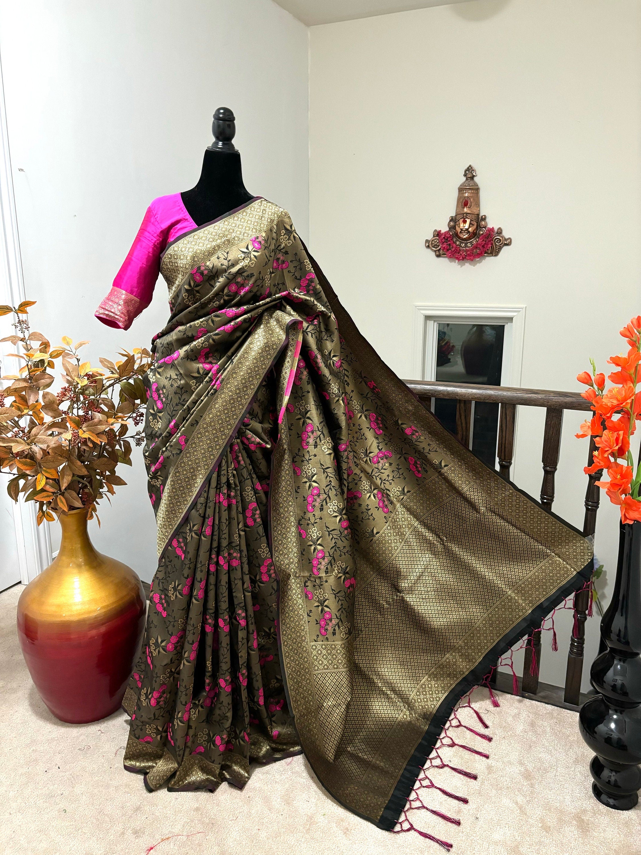 Beautiful coffee color Pure Silk Banarasi floral party wear saree