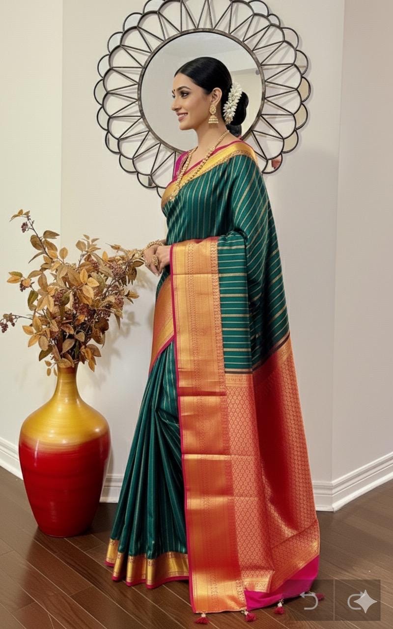 Kanchipuram soft silk saree in rarecolors with beautifully done hand  made embroidered blouse with readytowear work blouse fitsup to32 to 46