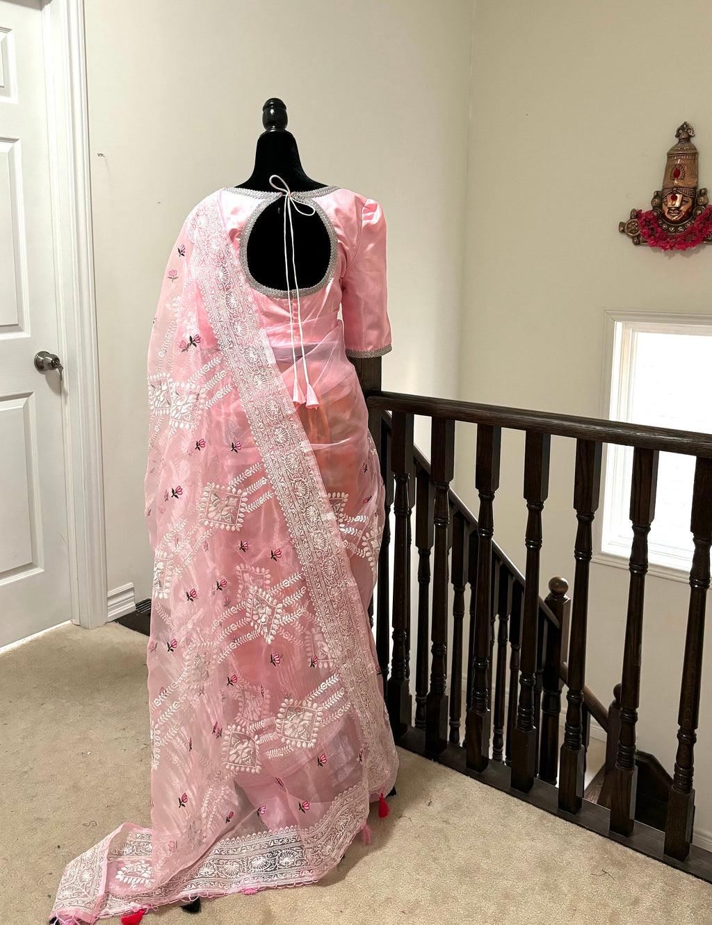 Banarasi  organza saree with beautiful chiken Kari all over the saree. Saree is ready with beautiful designer blouse that fit to 32-46 Ideal