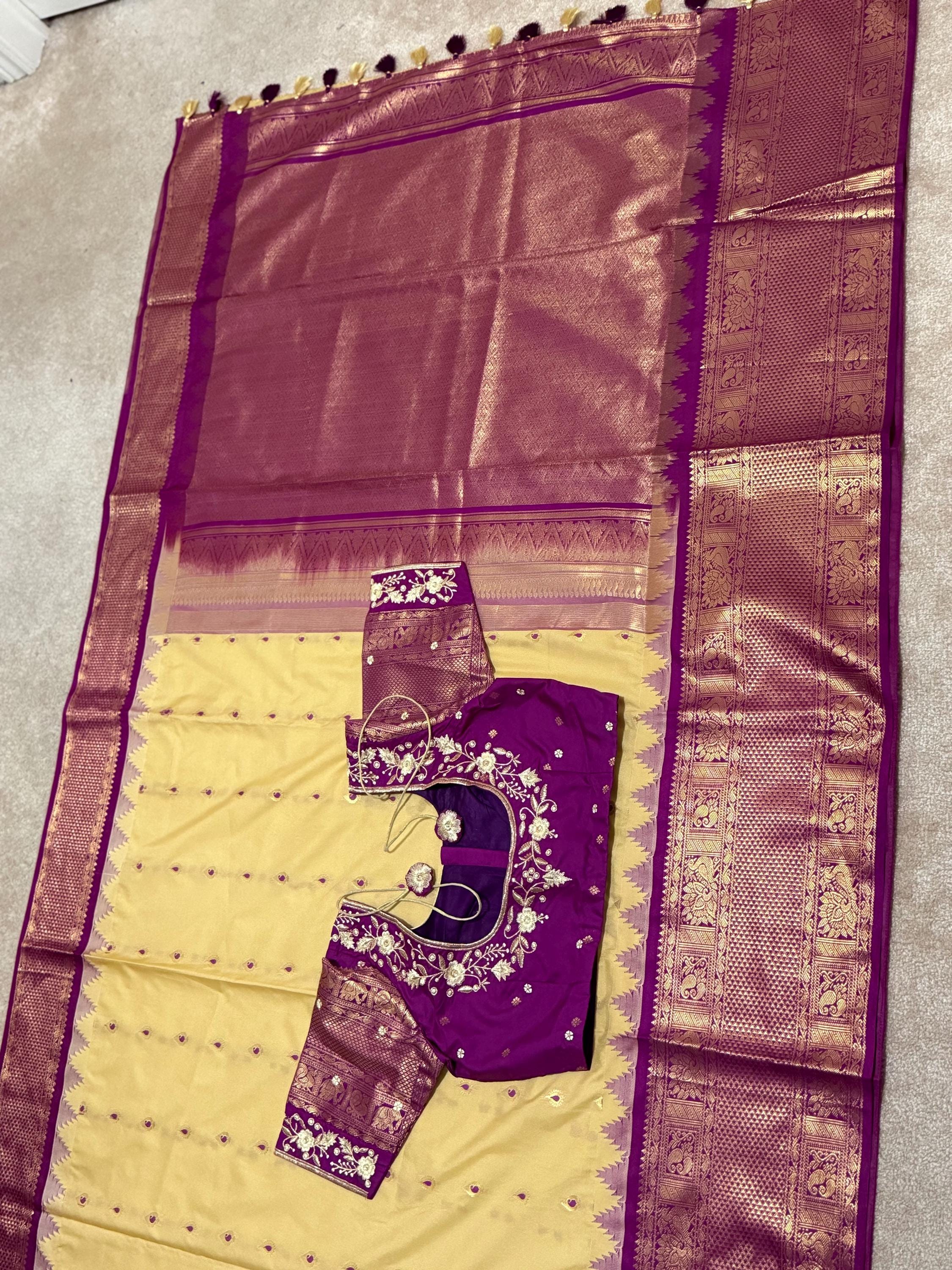 Gadwal  fancy powerloom pure silk sarees ready to wear blouse with embroidered blouse fits up to 32 -46 saree is ready fall pico done