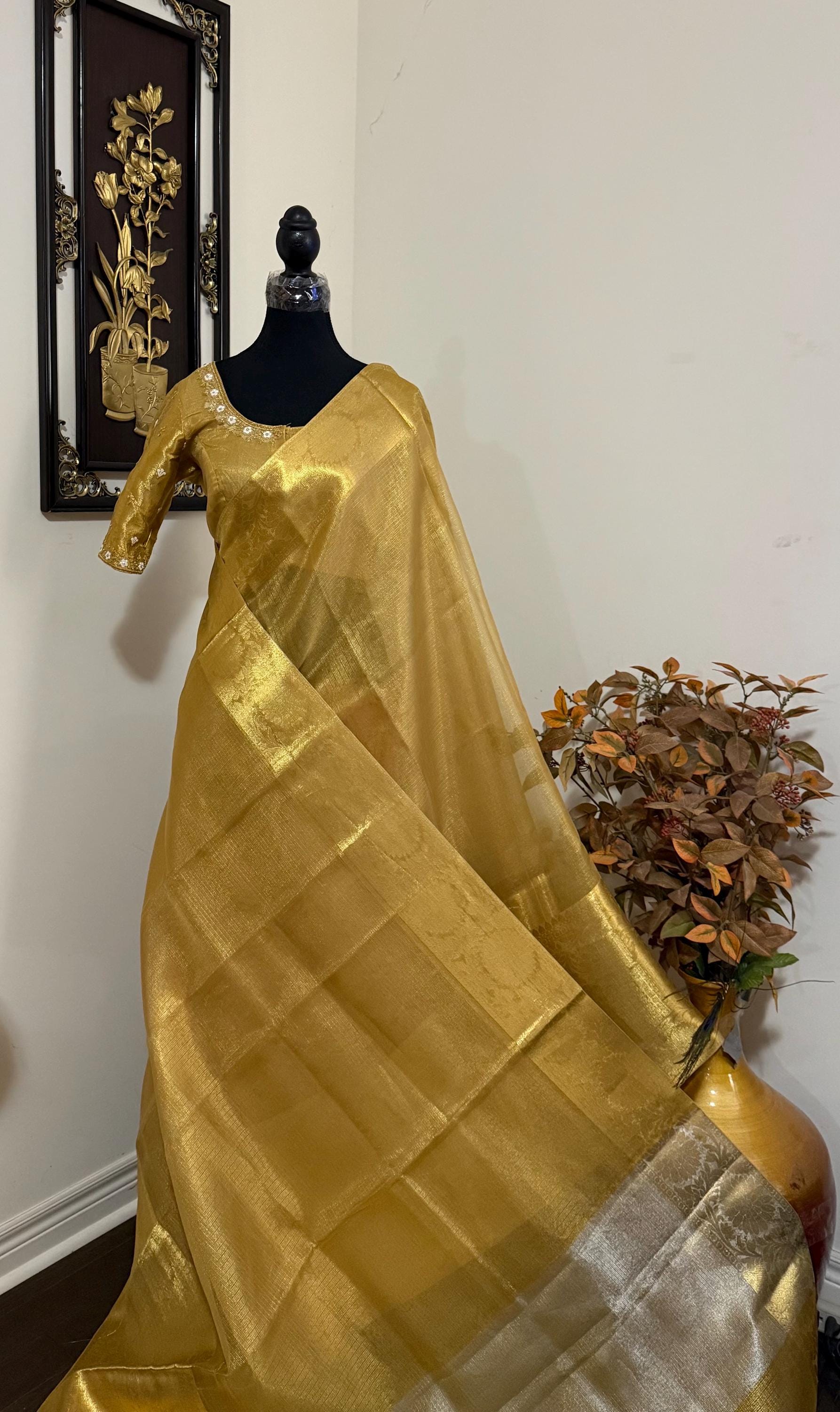 Banarasi double shades golden  tissue saree with self weaving stripes  on all over with beautifully done work blouse fits 32 to 46