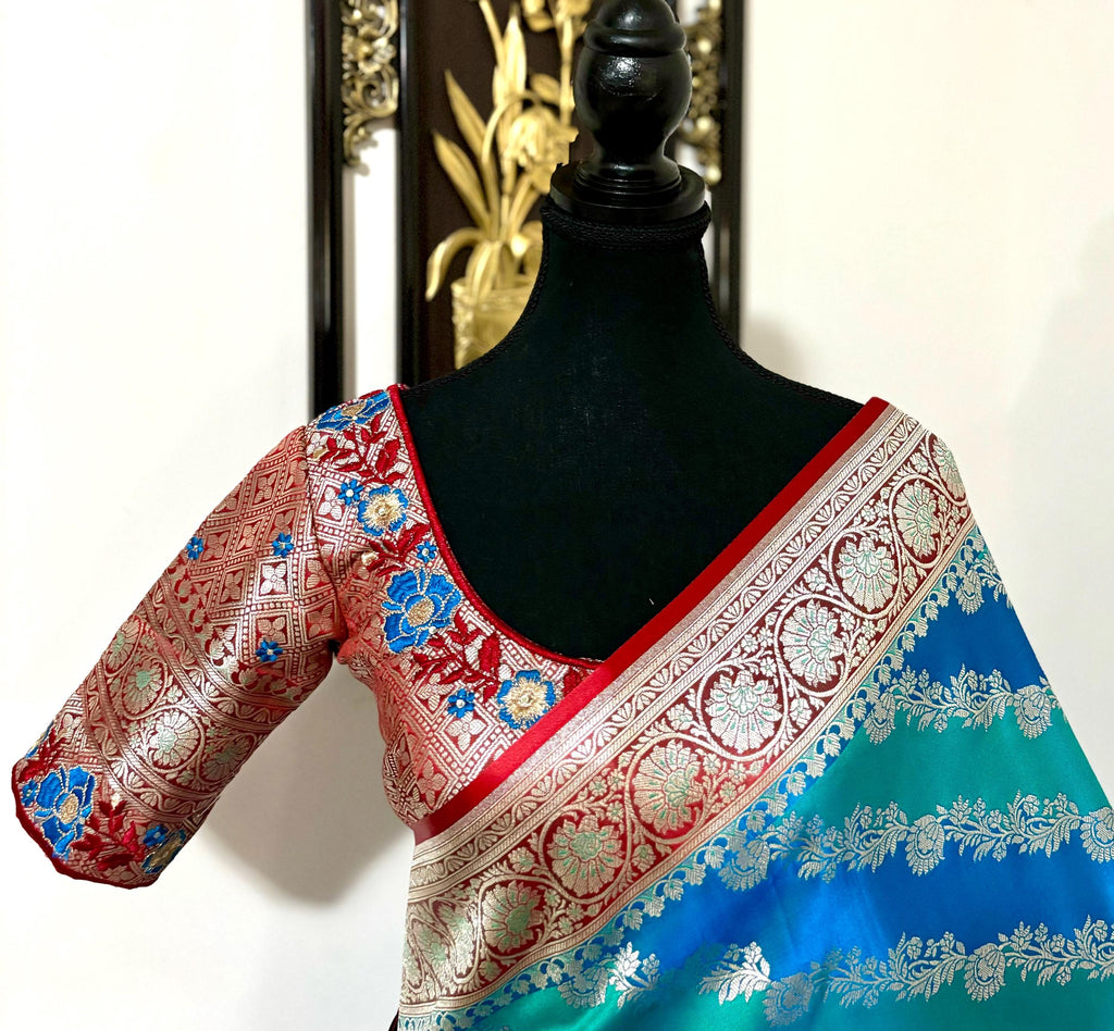 Pure silk  banarasi silk saree paired up with beautiful embroidery blouse fits to 32 to 46 in beautiful rare colors all over jaal. Cocktails