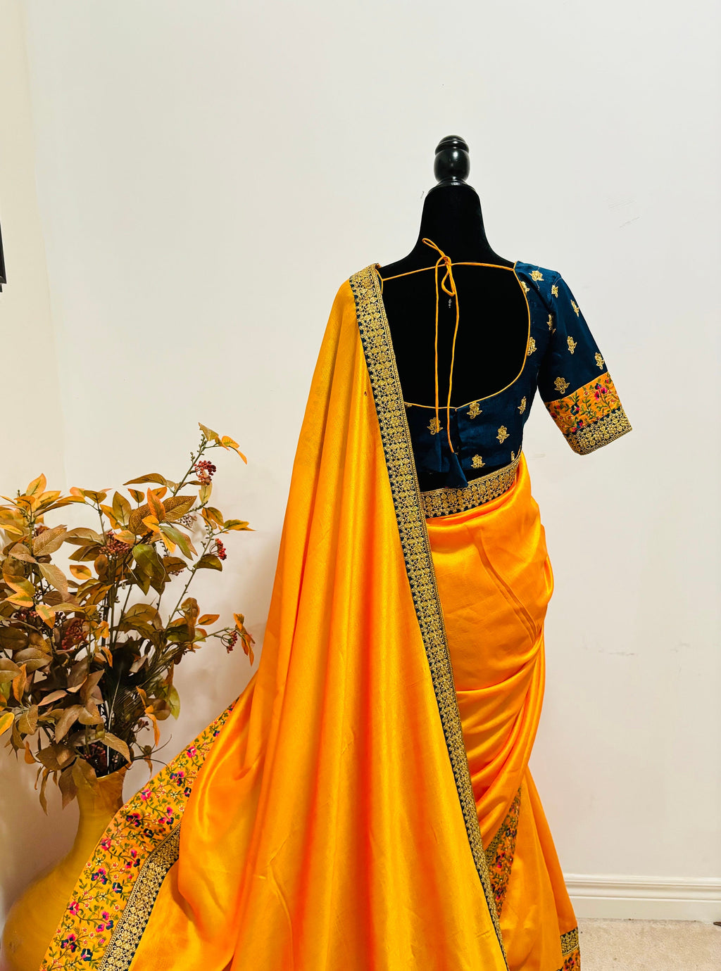 Designer soft Crape  silk Saree with beautiful work boarder / ready to wear Maggam work blouse fits to 32 to 46 .Saree is ready fall andpico