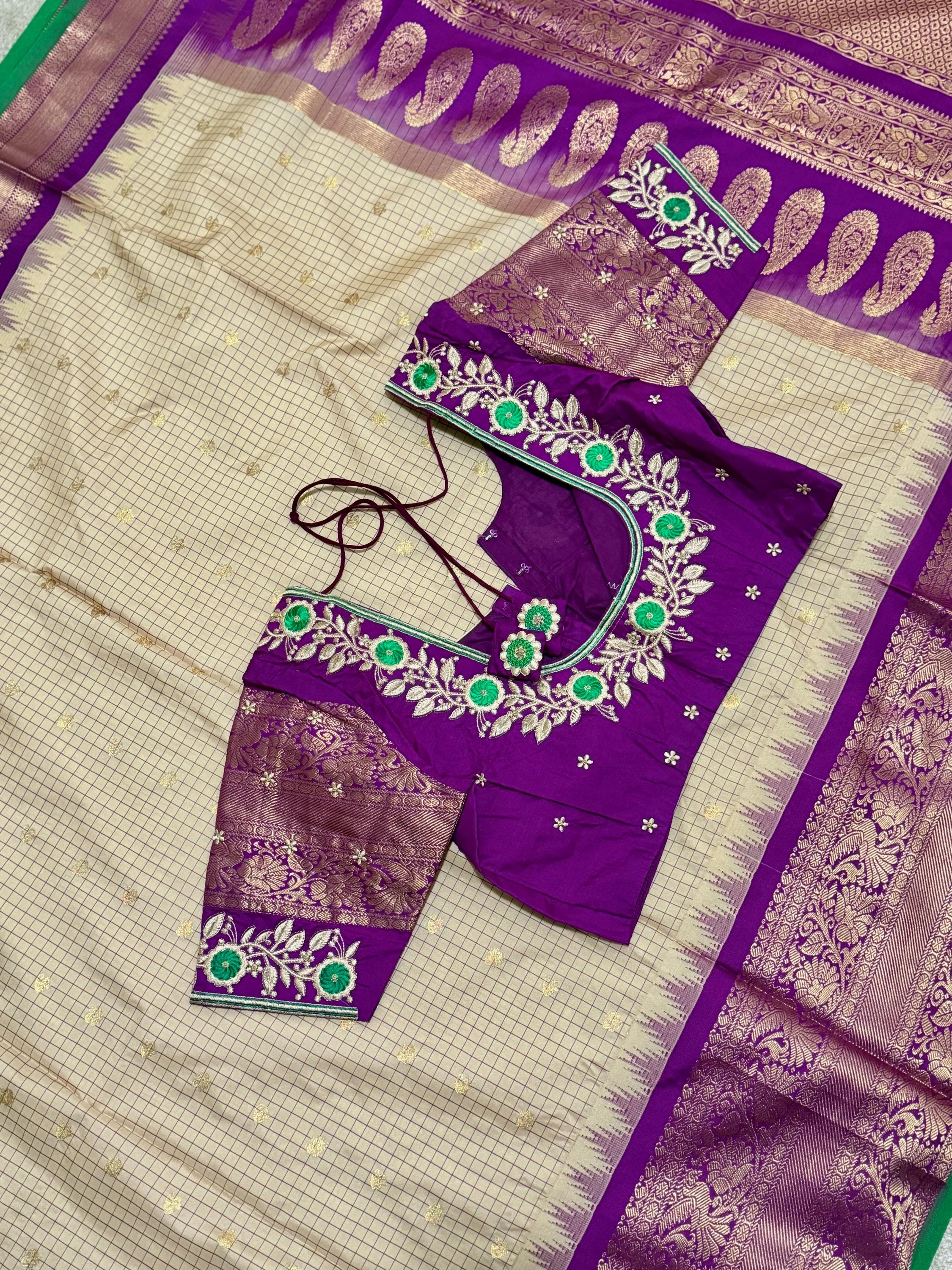 Gadwal Handloom pure silk sarees in rare colors and ready to wear blouse with embroidered blouse fits up to 32 -46 saree is ready fall pico