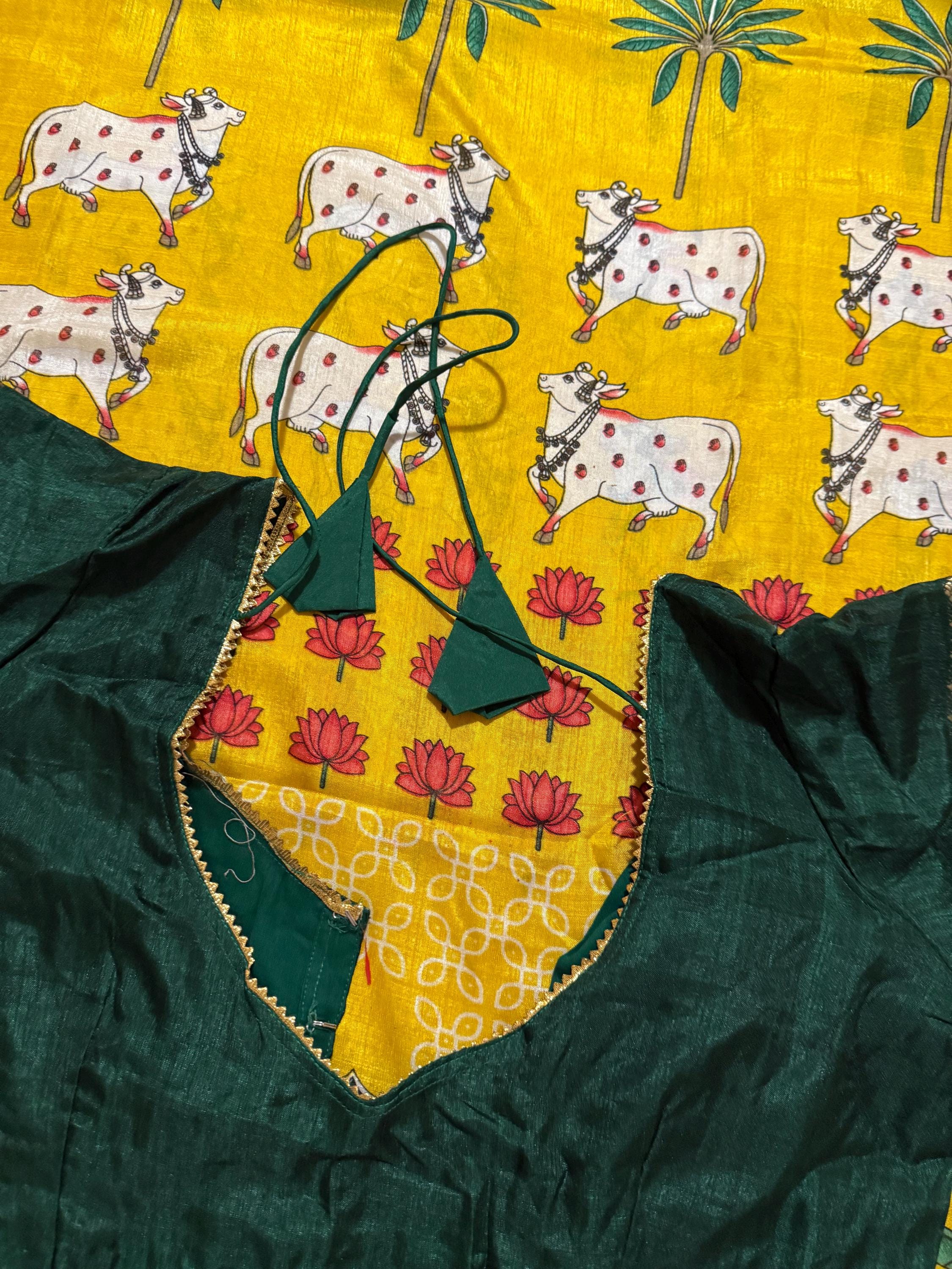 Beautiful Pichwai Kalamkari Prints soft silk saree with Kanchi boarder lotus and cow  prints Saree is ready with blouse and fall and pico