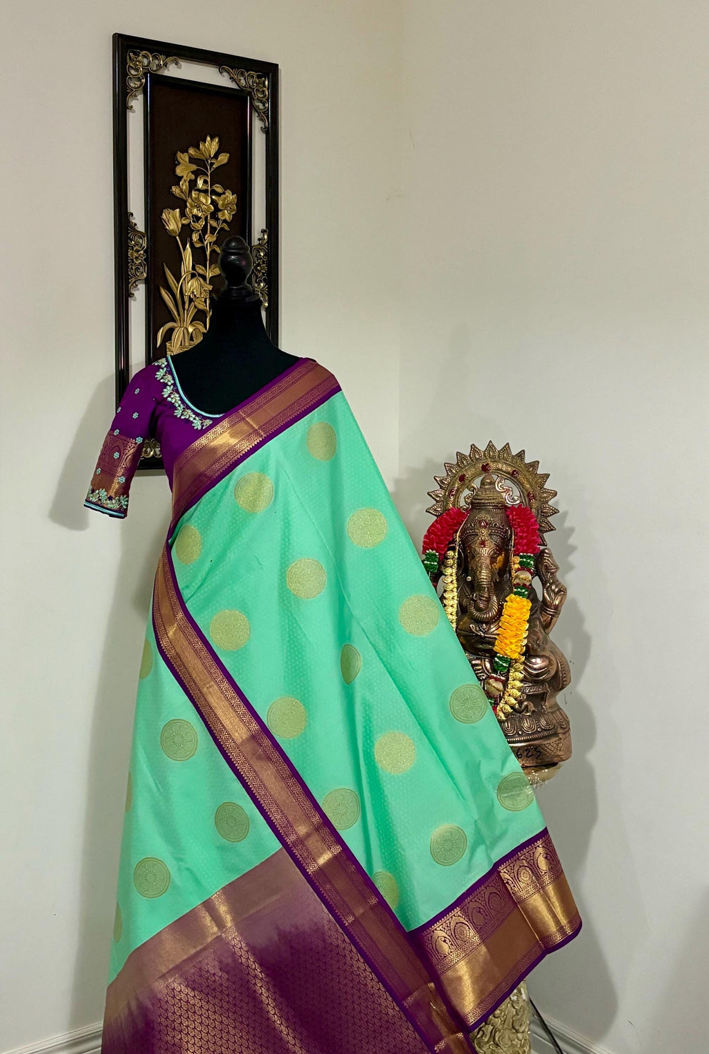 Kanchipuram soft silk saree in rare colors with beautifully done hand  made embroidered blouse with ready to wear work blouse fits 32 to 46