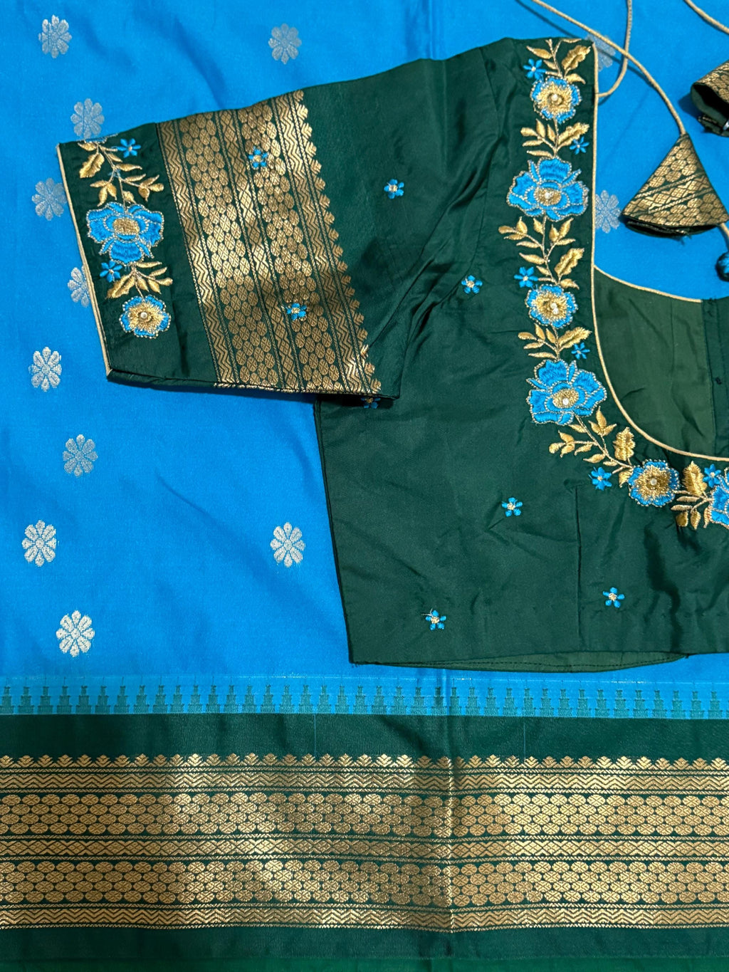 Gadwal Handloom pure silk sarees in rare colors and ready to wear blouse with embroidered blouse fits up to 32 -46 saree is ready fall pico