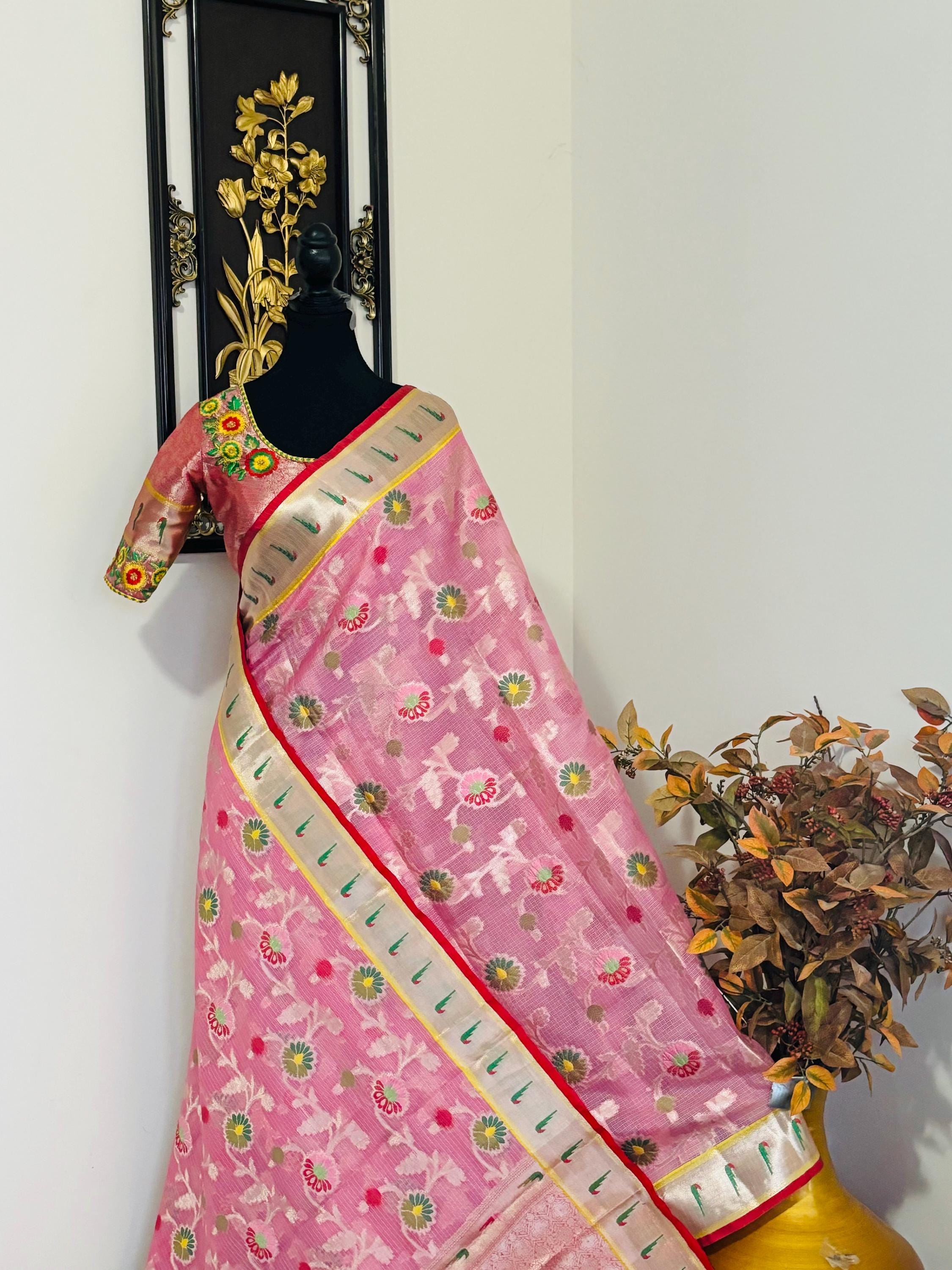 Beautiful Tissue Zari Kota saree with pythani  Zari boardes and beautifully done blouse paired up with pretty blouse fits up to 32 to 46