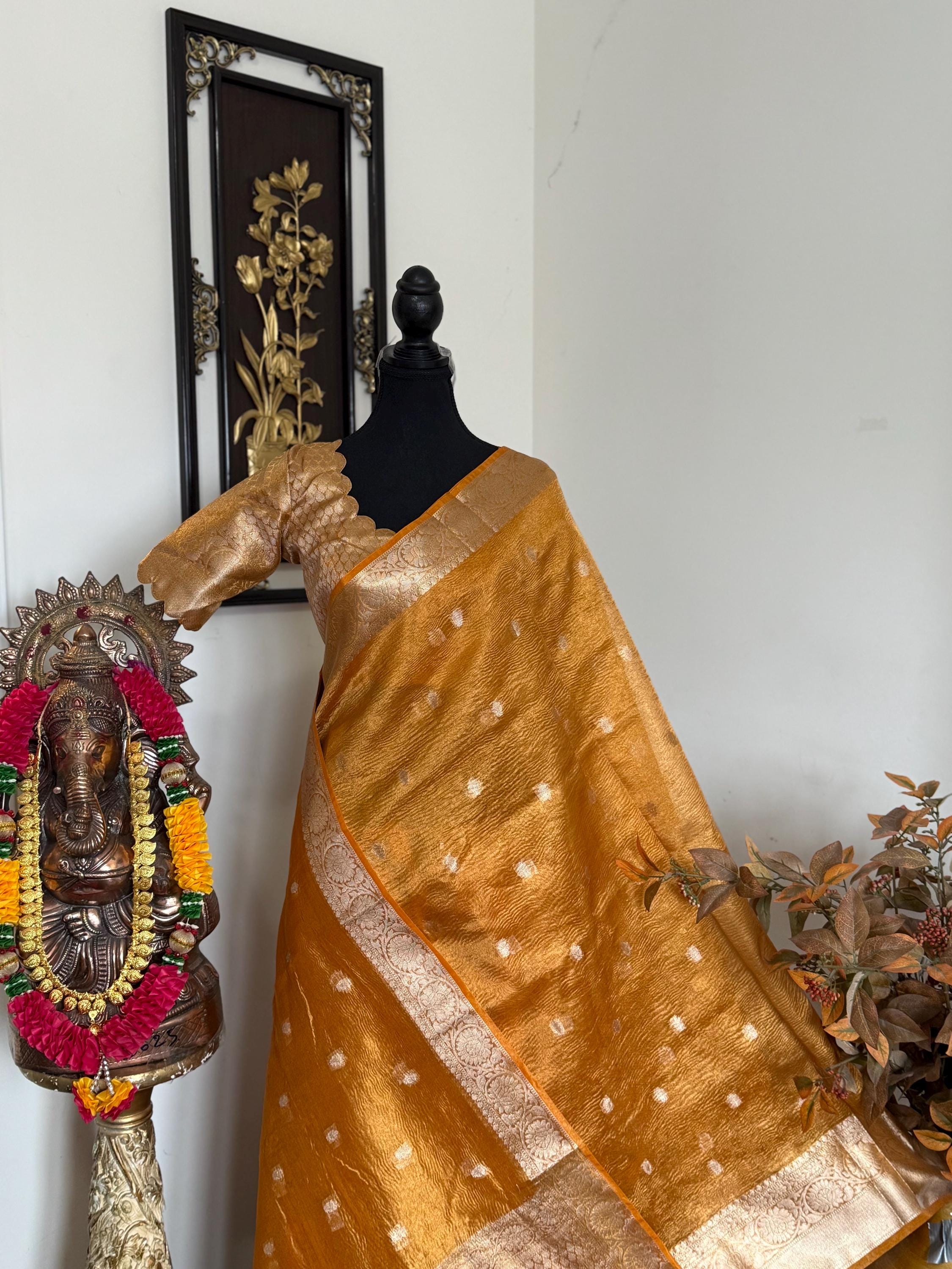 Beautiful party wear cocktail pure silk  banarasi crush tissue  saree paired up with pretty designer Blouse fits 32-46