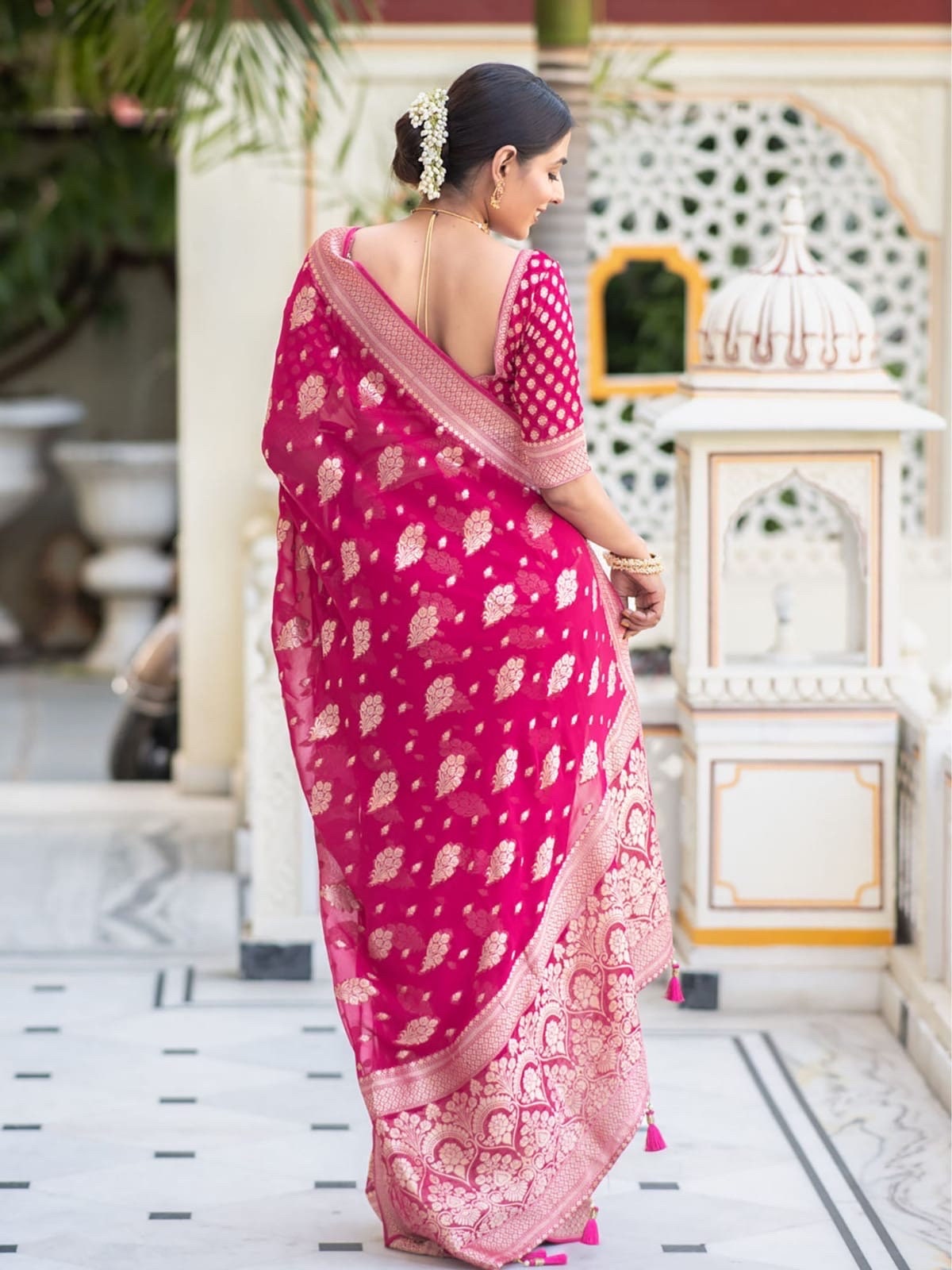 Banarasi handloom khadi georgette silk soft falling saree all over beautiful water zari weaving work any color possible ready to wear blouse