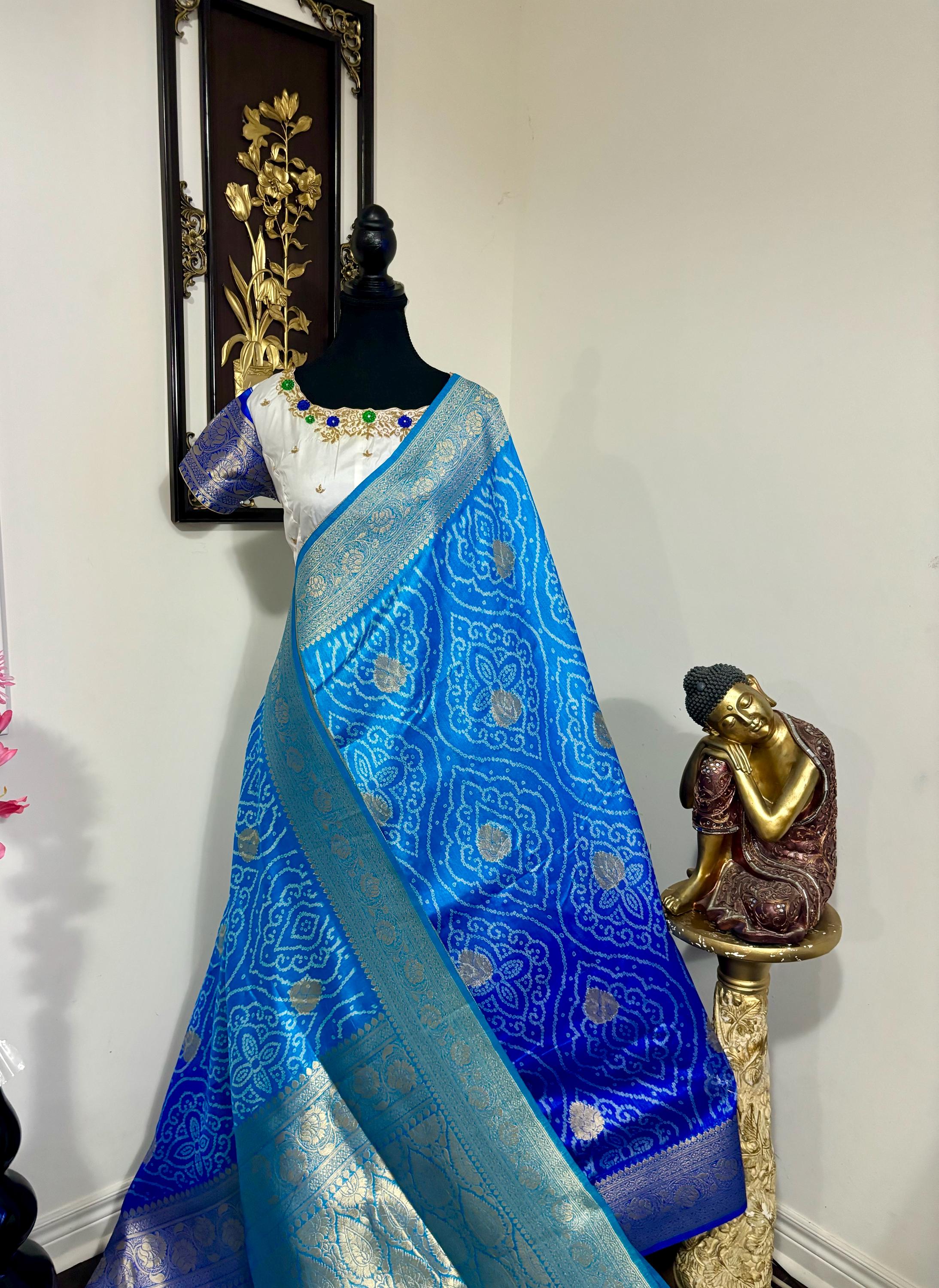 Beautiful cocktail dual shade  bandini silk saree paired up pretty maggam blouse fits  sizes 32 -46 ready to wear prettiest blouse