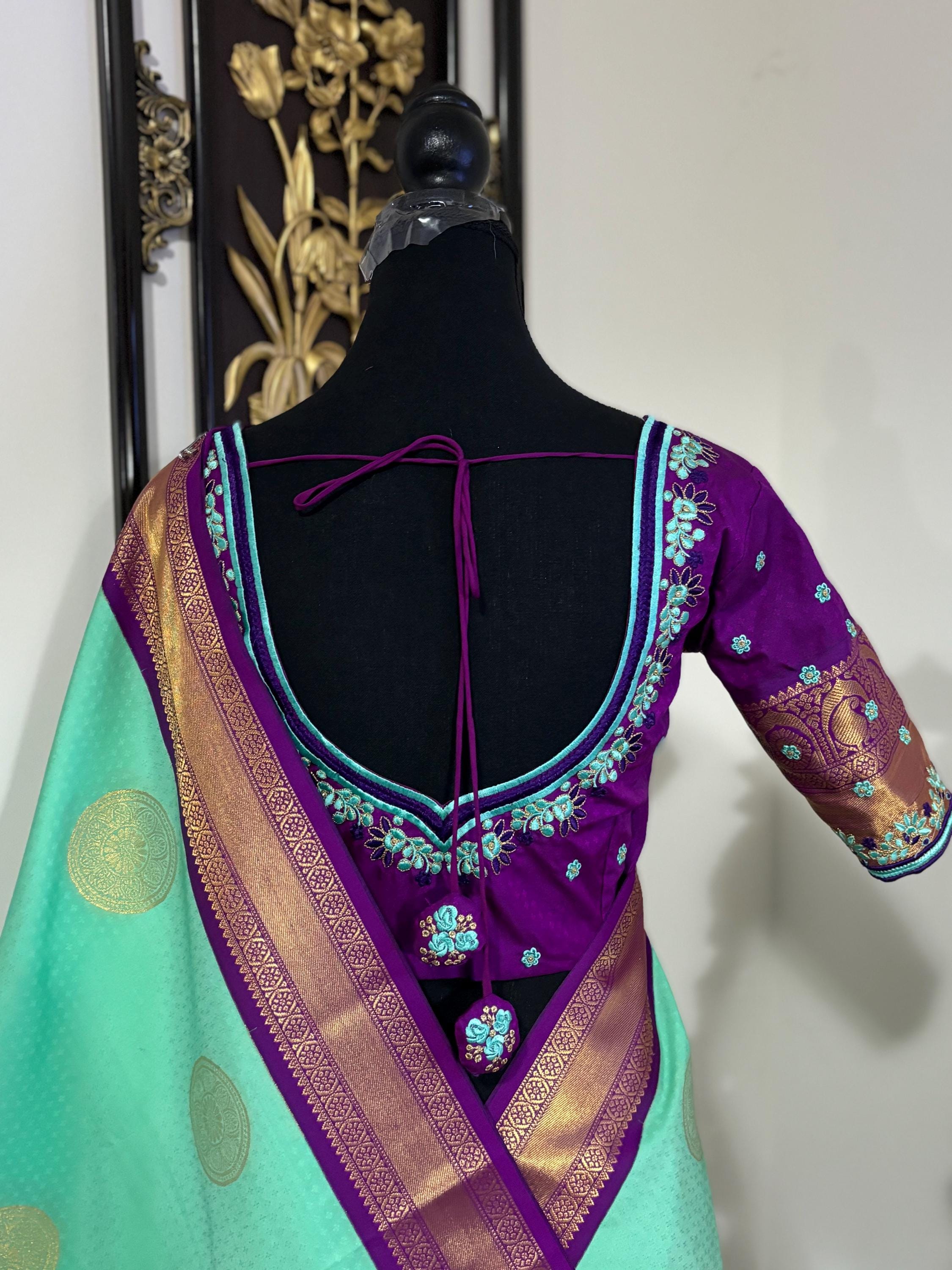 Kanchipuram soft silk saree in rare colors with beautifully done hand  made embroidered blouse with ready to wear work blouse fits 32 to 46