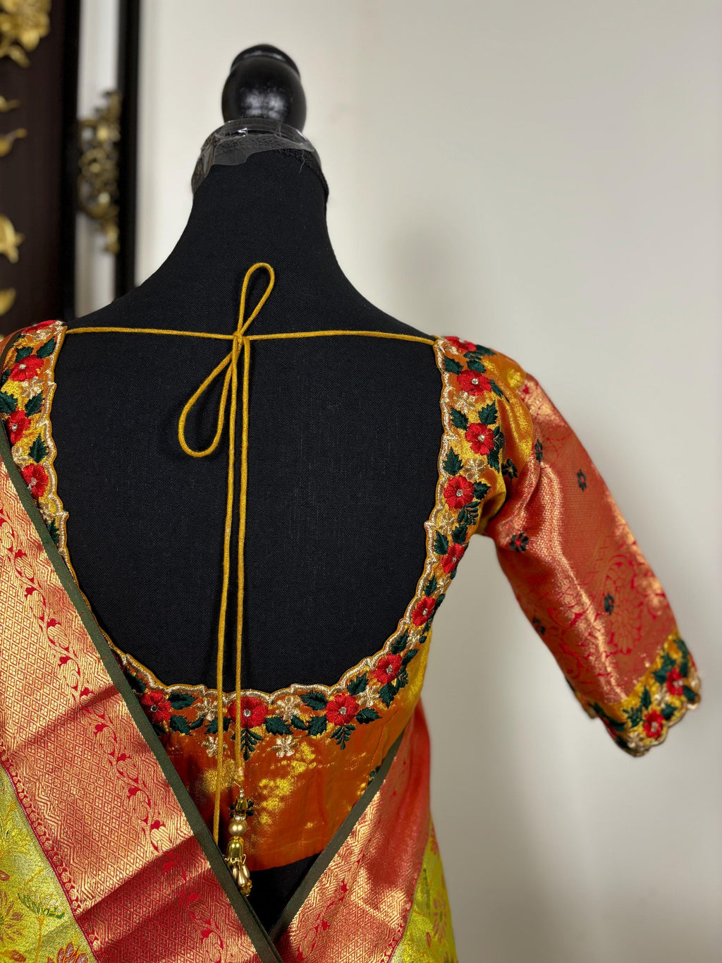 Kanchipuram tissu silk saree in rare colors with beautifully done hand  made embroidered blouse with ready to wear work blouse fits 32 to 46