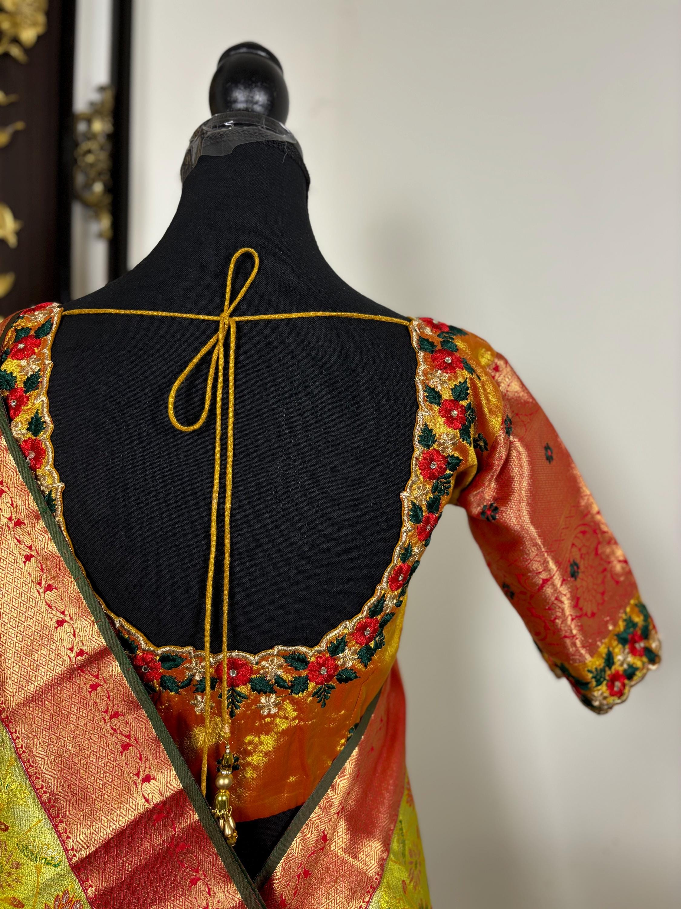 Kanchipuram tissu silk saree in rare colors with beautifully done hand  made embroidered blouse with ready to wear work blouse fits 32 to 46