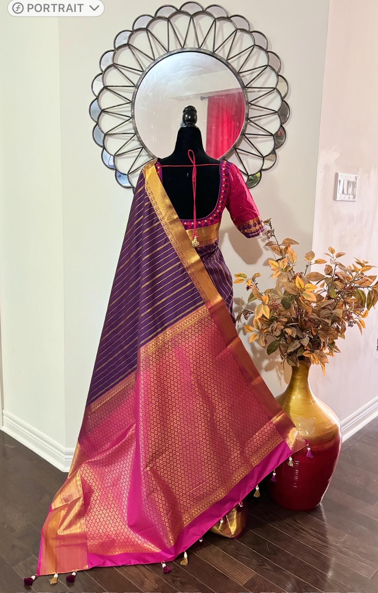 Kanchipuram soft silk saree in rarecolors with beautifully done hand  made embroidered blouse with readytowear work blouse fitsup to32 to 46