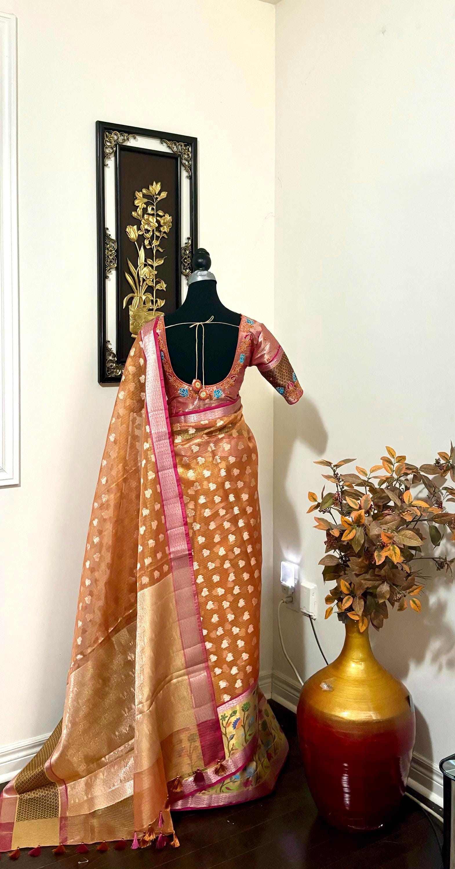 Beautiful Tissue Zari Kota saree with pythani  Zari boardes and beautifully done blouse paired up with pretty blouse fits up to 32 to 46