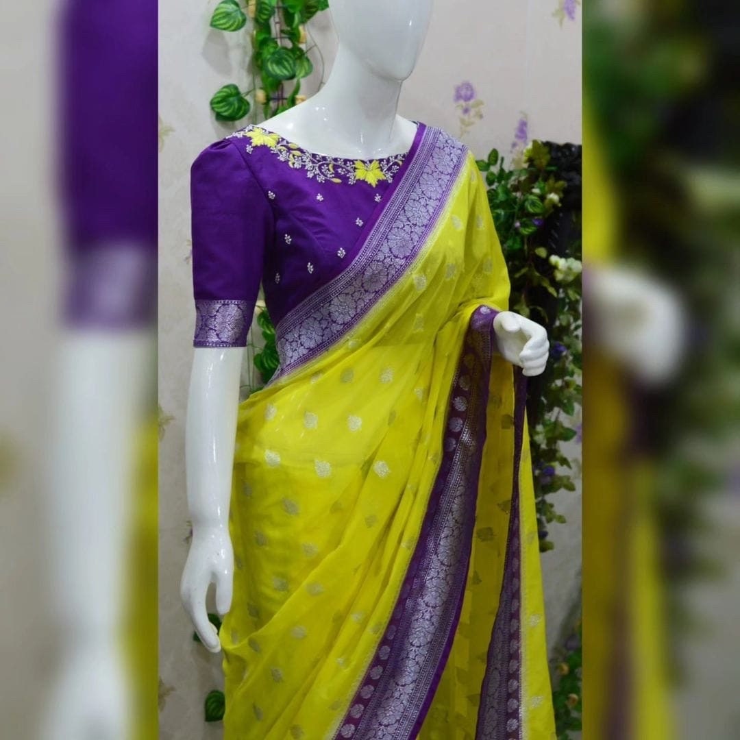 Beautiful banarasi saree paired up with pretty maggam work blouse fits to 32 to 46 awesome colors