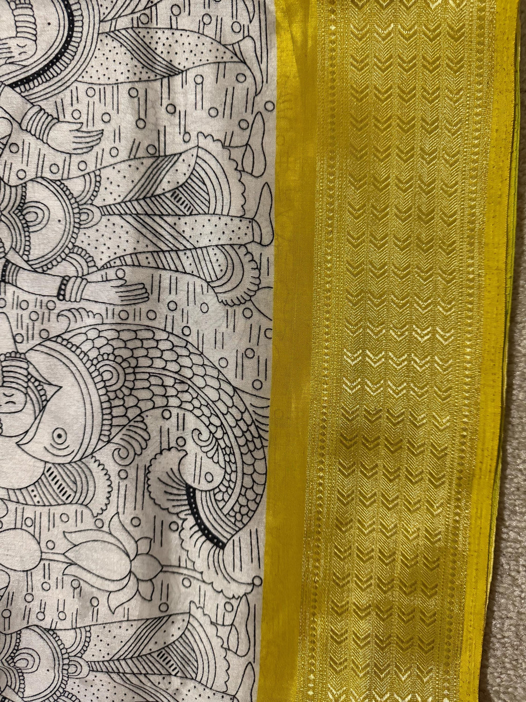 Light weight easy to drape Soft Silk fancy Saree; with beautiful Kanchi boarder , with Kalamkari design ready to wear Blouse fits 32-46