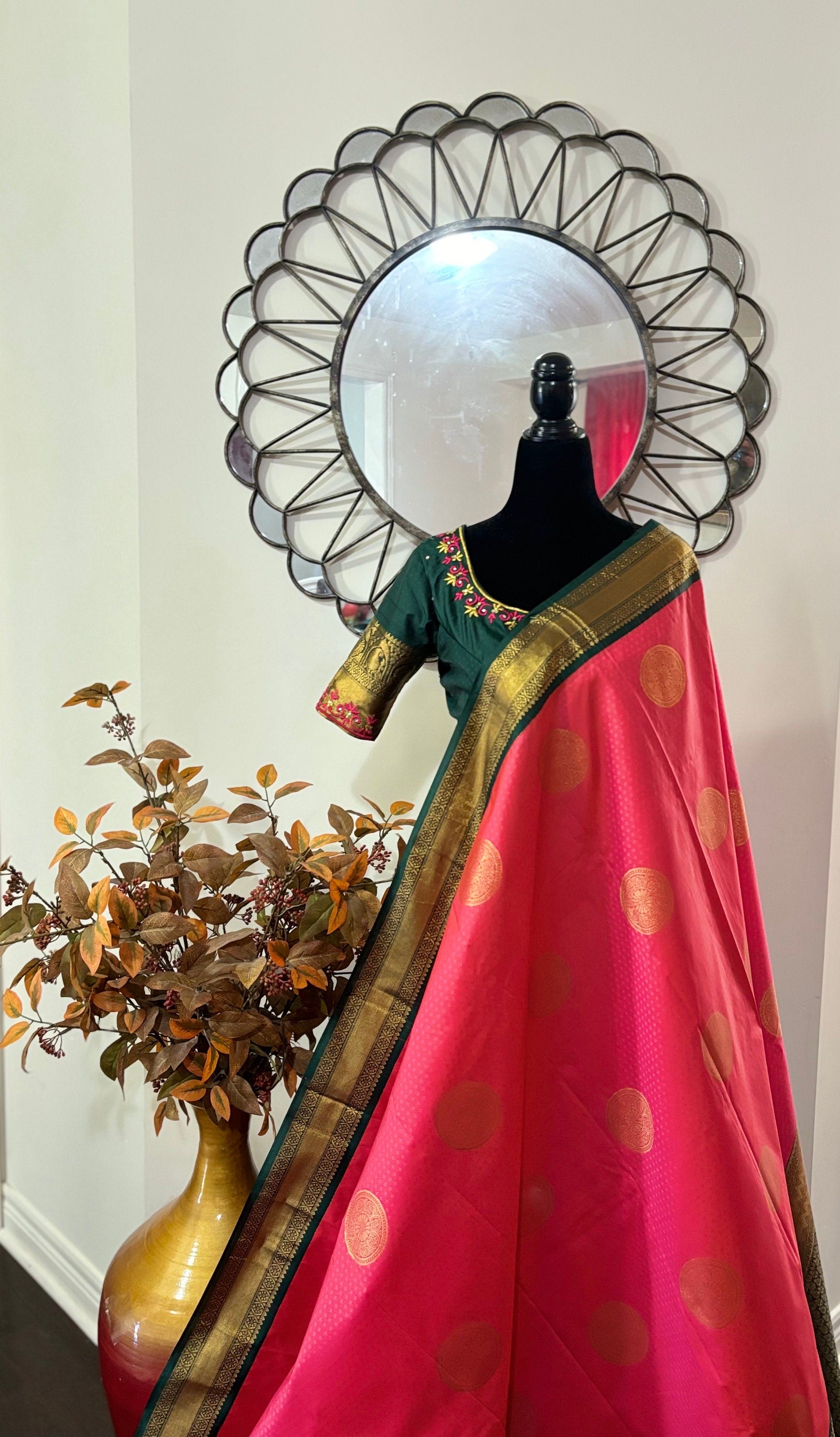 Kanchipuram soft silk saree in rare colors with beautifully done hand  made embroidered blouse with ready to wear work blouse fits 32 to 46