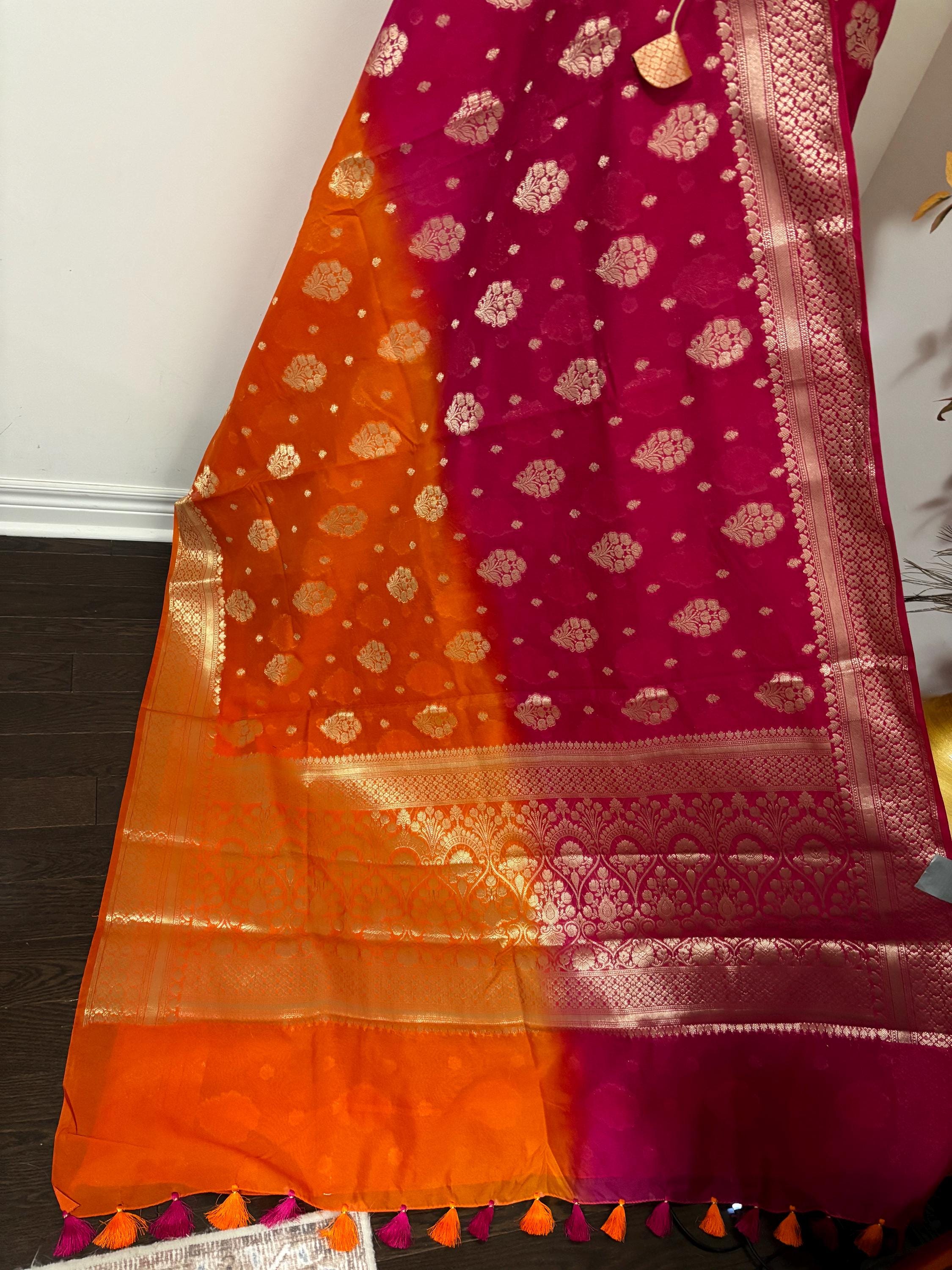 Beautiful Banarasi Dual shade  handloom khadi georgette silk saree all over beautiful water zari weaving work all over  32-46 Ready Blouse