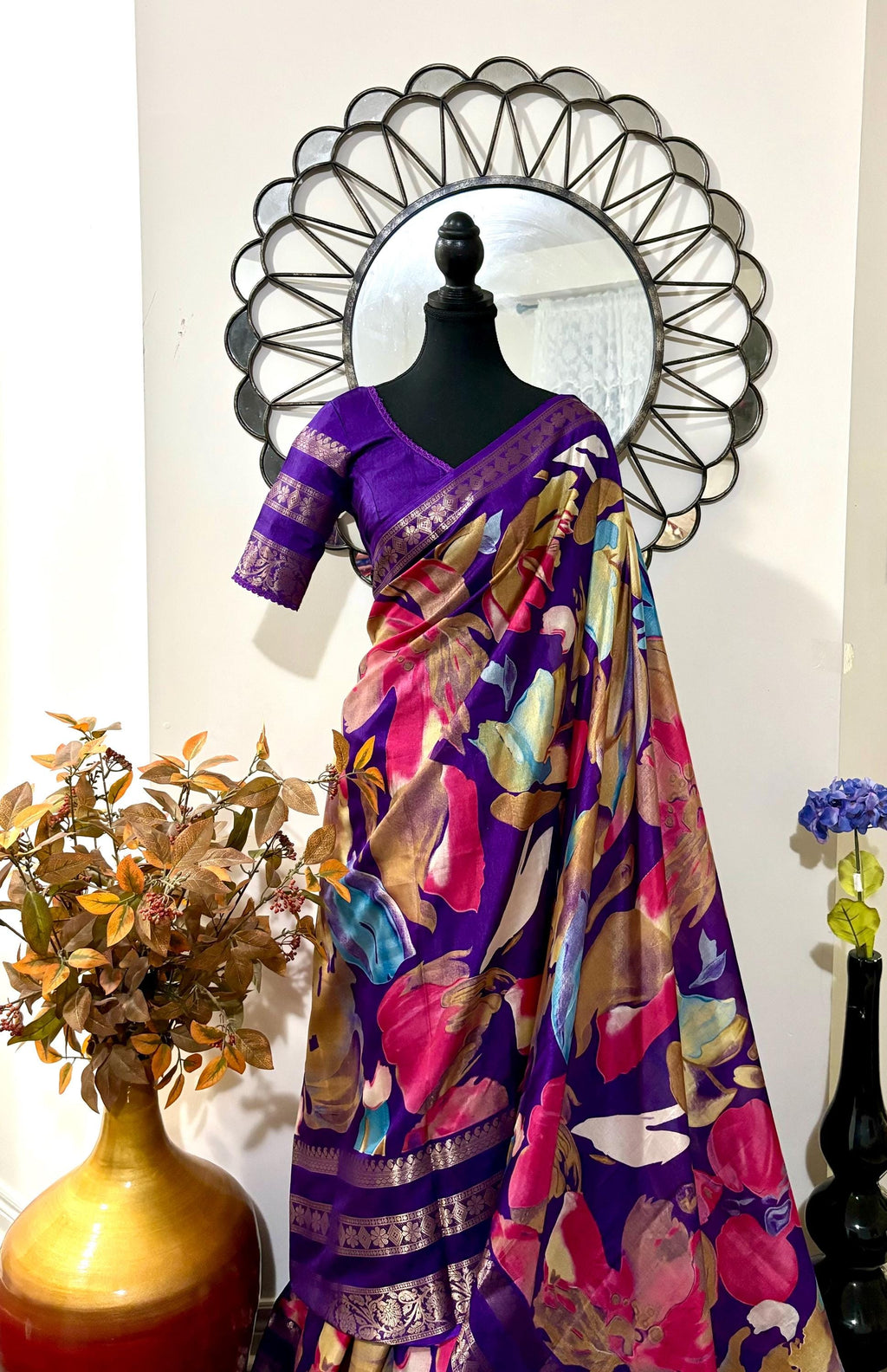 Light weight easy to drape Soft Silk fancy Saree; with beautiful digital floral prints  with Zari boarders ready to wear Blouse fits 32-46