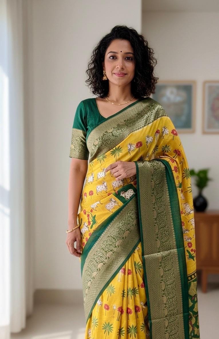 Beautiful Pichwai Kalamkari Prints soft silk saree with Kanchi boarder lotus and cow  prints Saree is ready with blouse and fall and pico