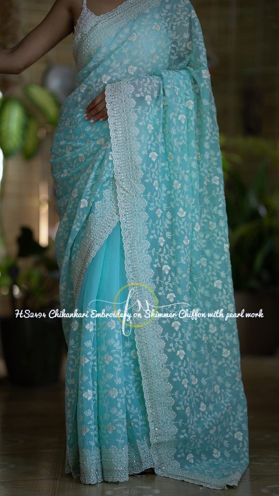 Stunning shimmer georgette saree with Chikenkari work ask seller for availability before placing the order
