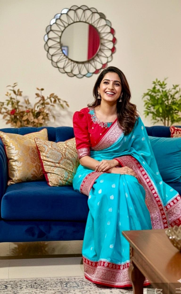 Beautiful banarasi saree paired up with pretty maggam work blouse.