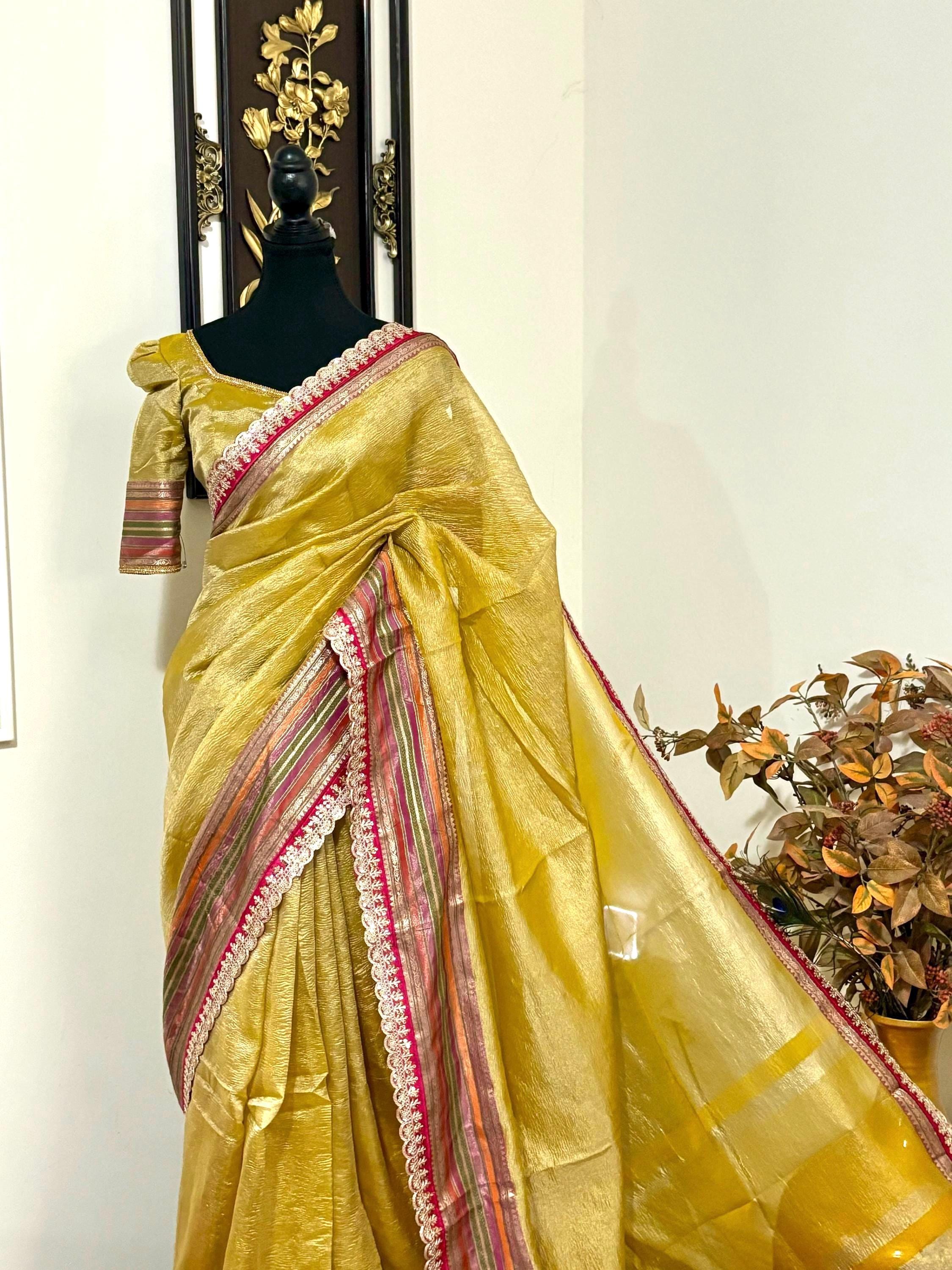 Beautiful party wear cocktail pure silk  crush tissue  saree paired up with pretty designer Blouse fits 32-46/contact seller for availabil