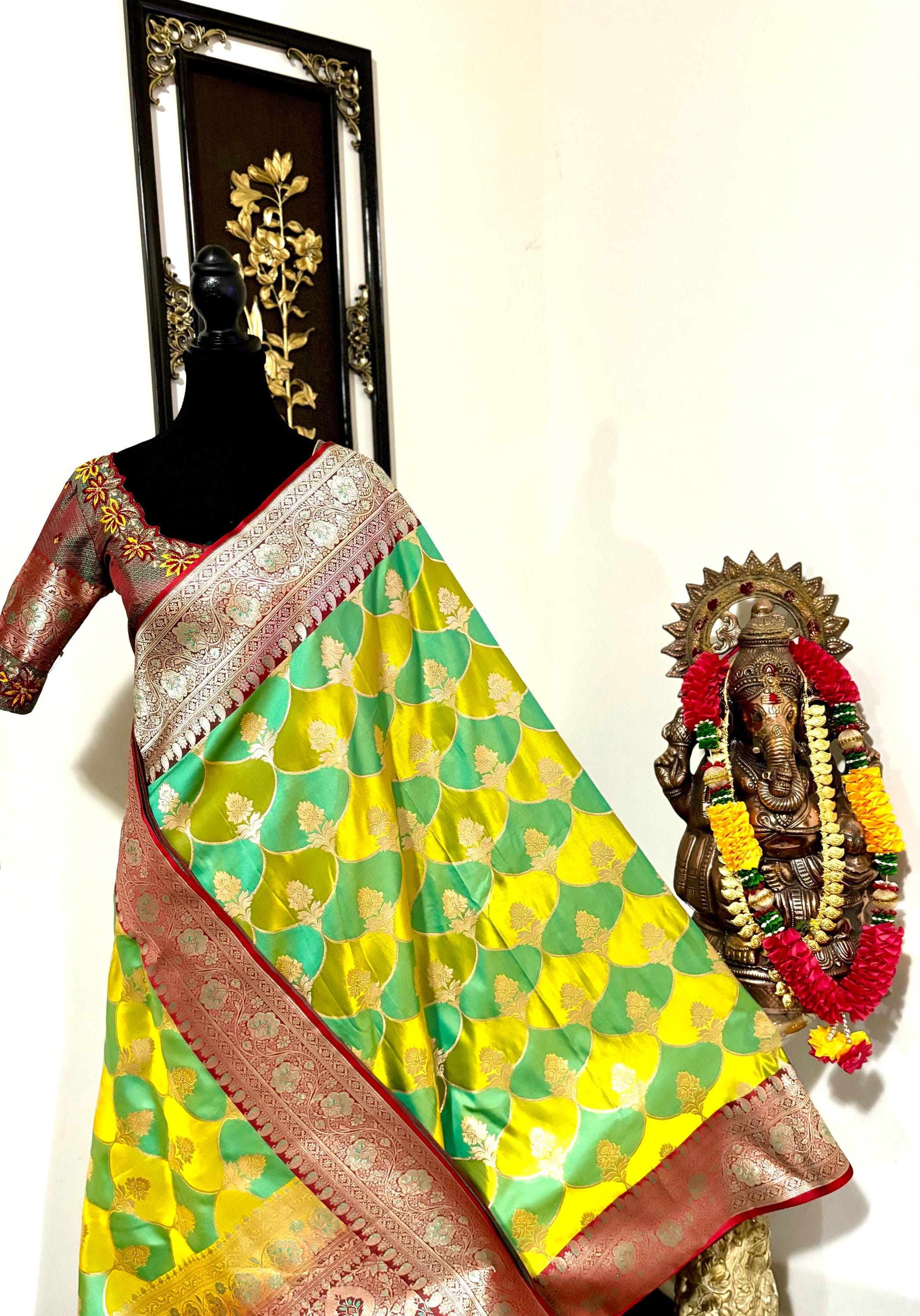 Pure silk  banarasi silk saree paired up with beautiful embroidery blouse fits to 32 to 46 in beautiful rare colors all over jaal. Cocktails