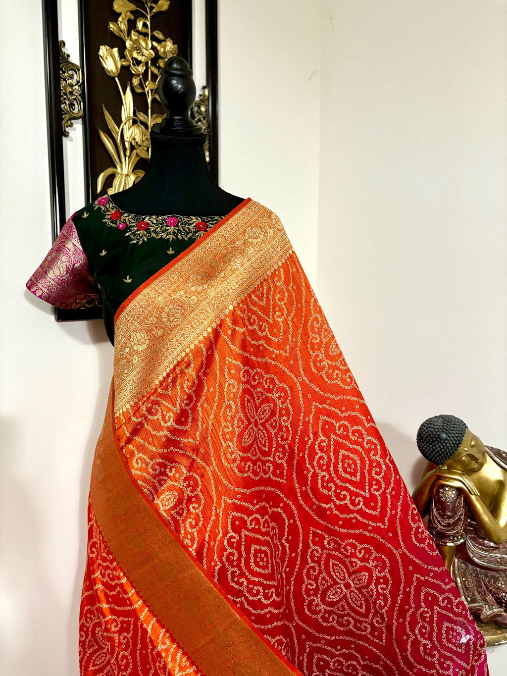 Beautiful cocktail dual shade banarasi  bandhini silk saree paired up pretty maggam blouse fits  sizes 32 -46 ready to wear prettiest blouse
