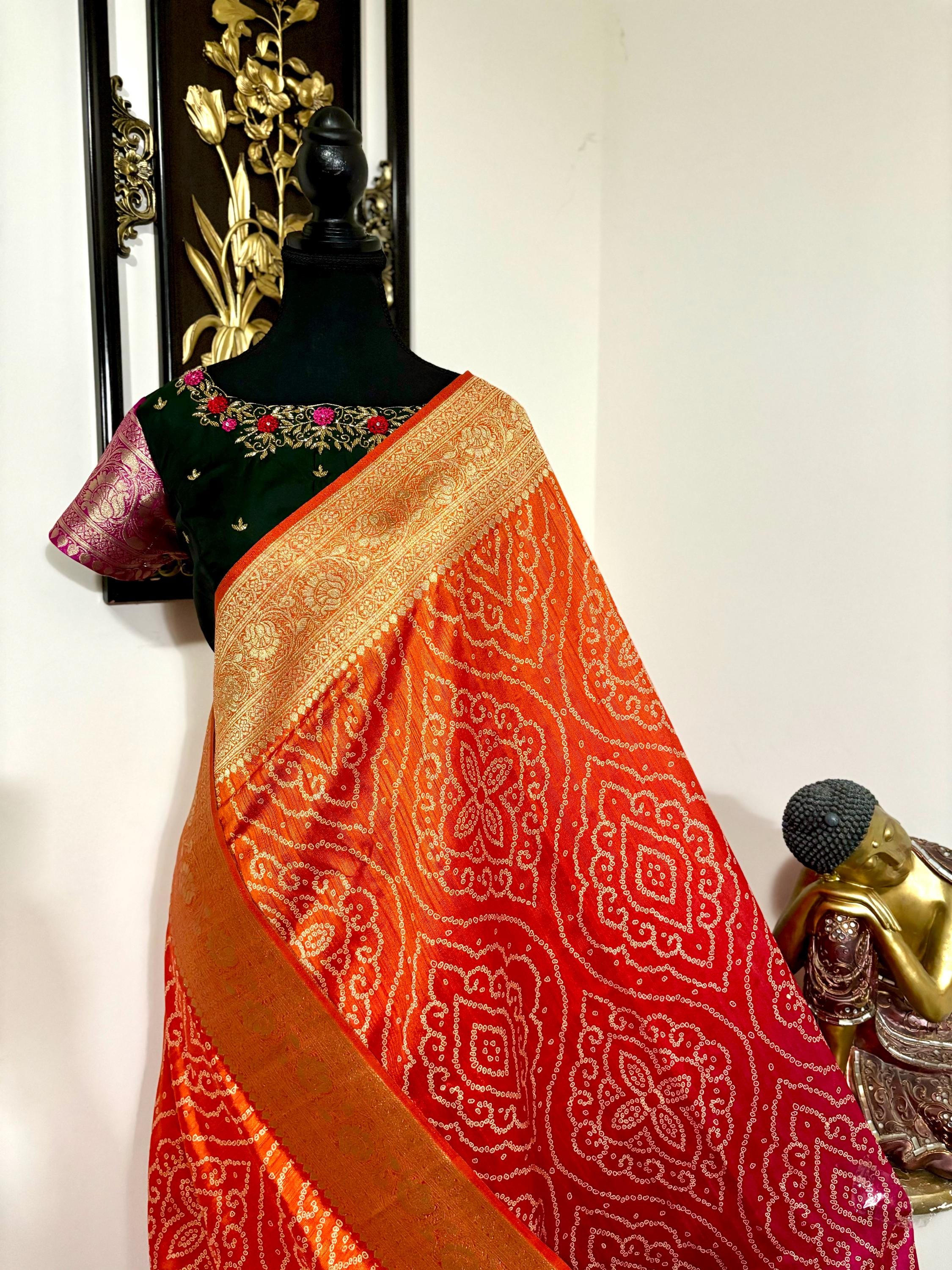 Beautiful cocktail dual shade banarasi  bandhini silk saree paired up pretty maggam blouse fits  sizes 32 -46 ready to wear prettiest blouse