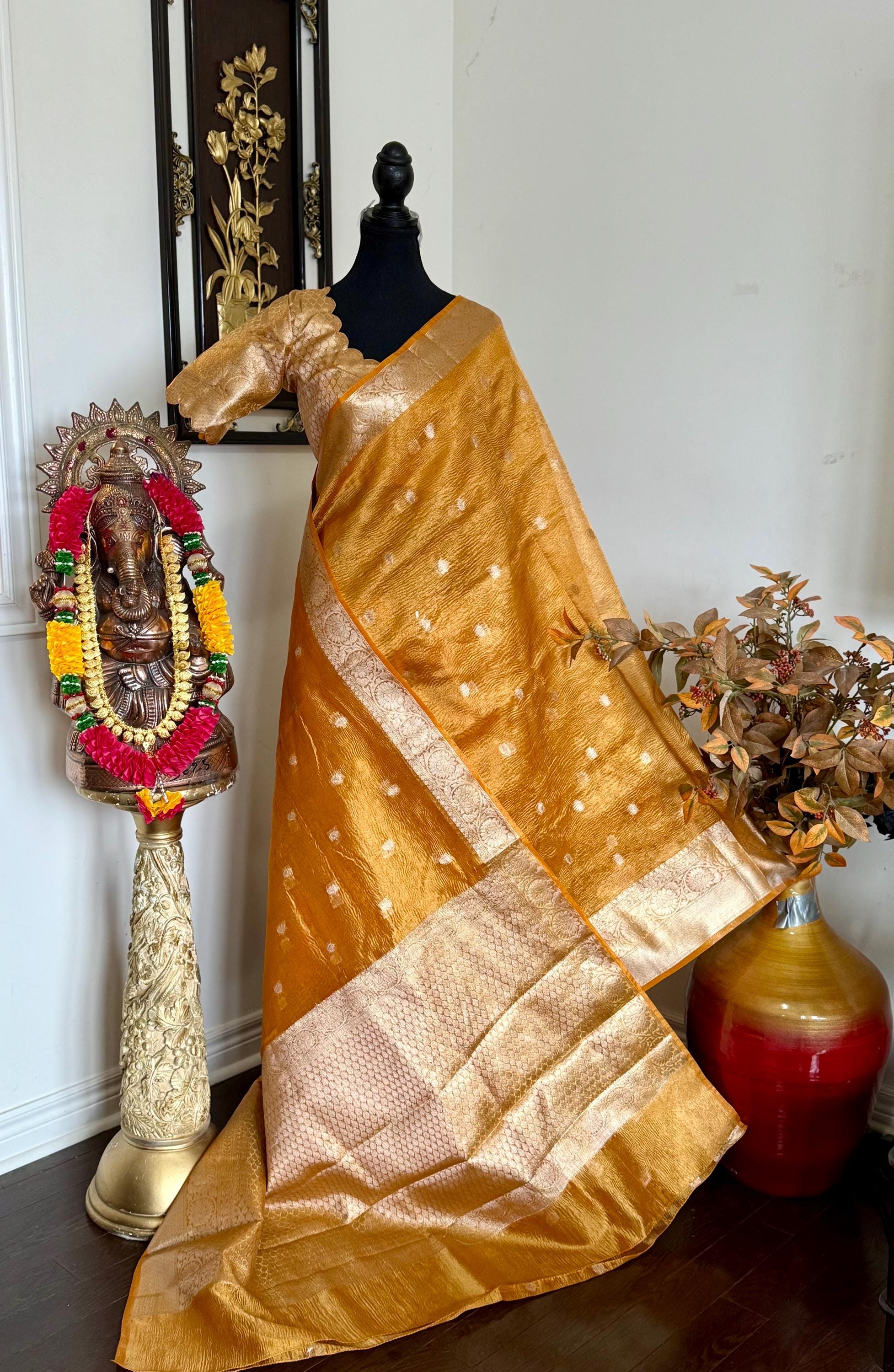 Beautiful party wear cocktail pure silk  banarasi crush tissue  saree paired up with pretty designer Blouse fits 32-46