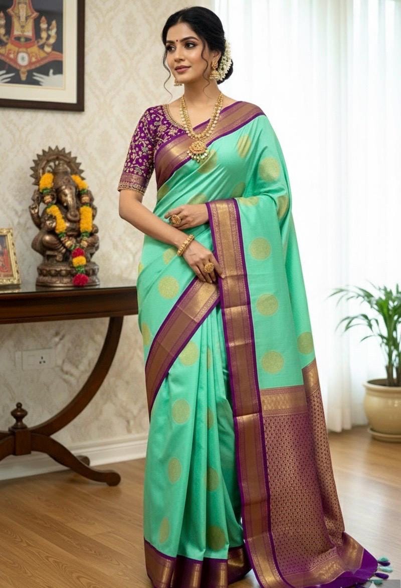 Kanchipuram soft silk saree in rare colors with beautifully done hand  made embroidered blouse with ready to wear work blouse fits 32 to 46